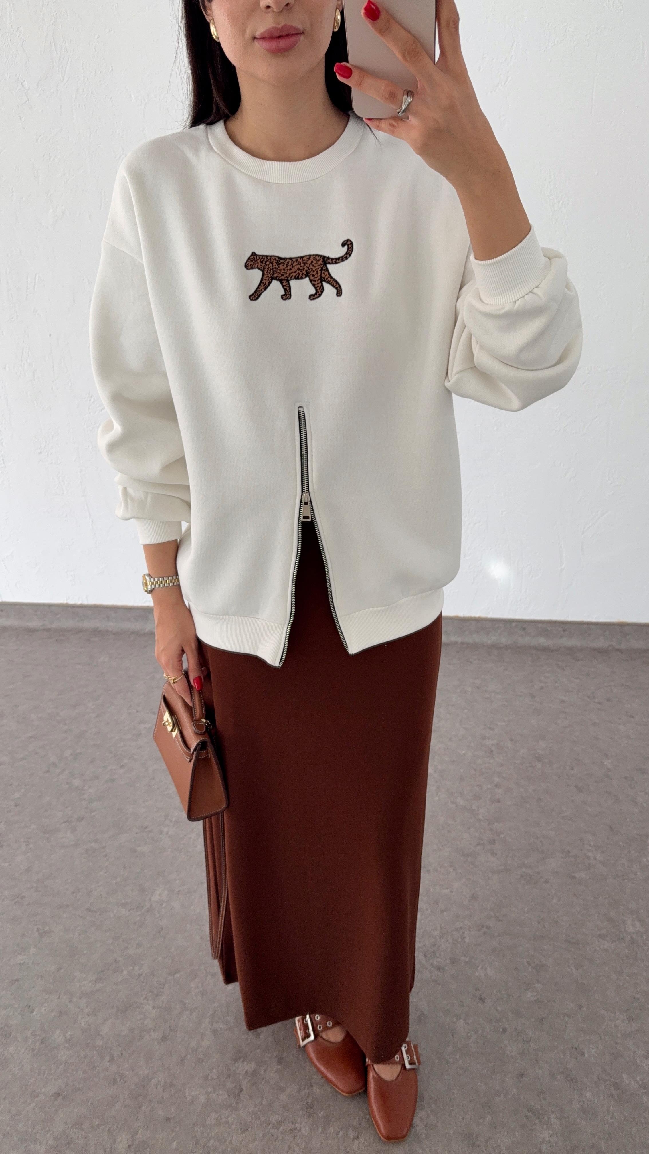 Fermuarlı Leopar Sweat