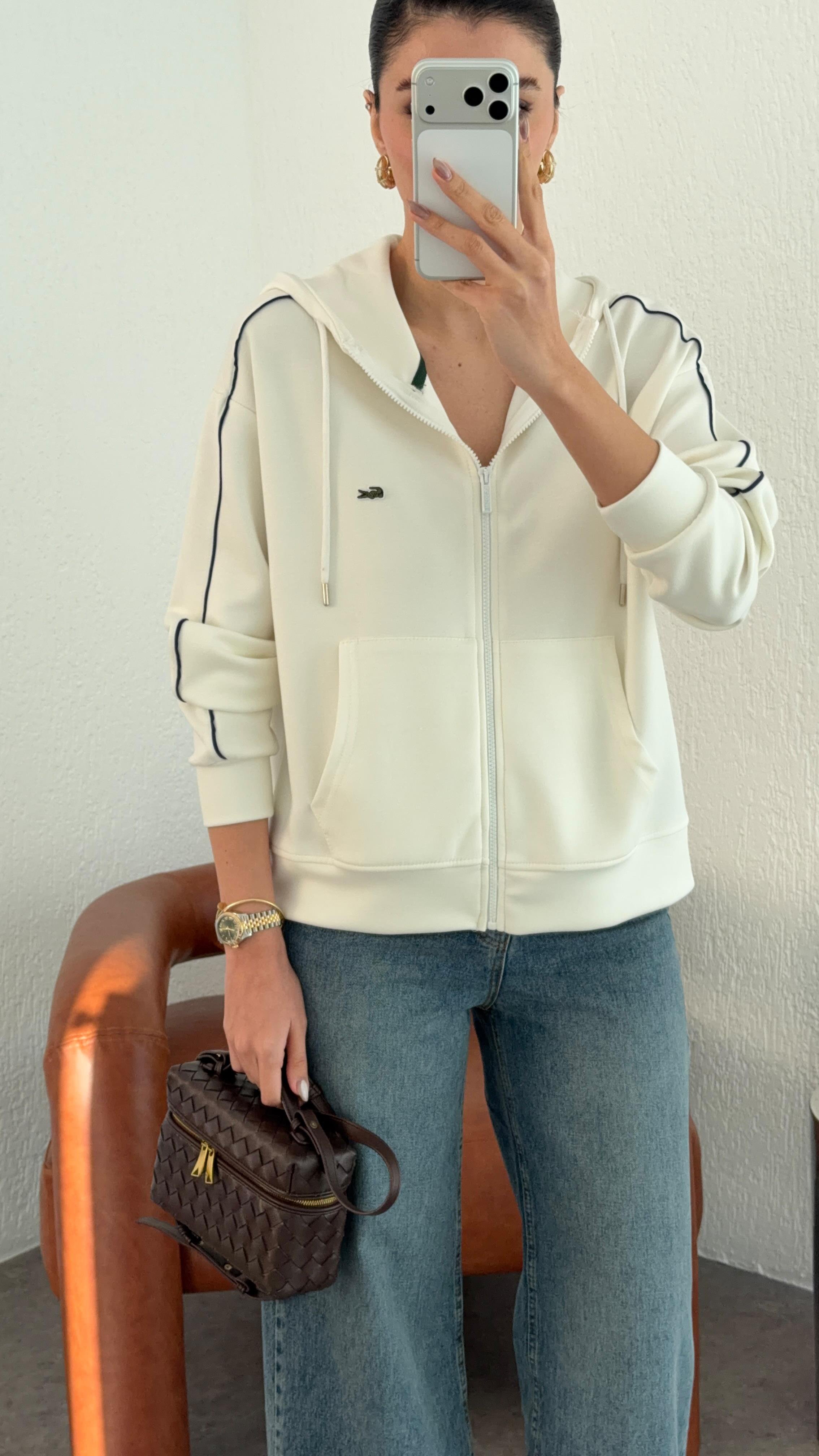 Fermuarlı Modal Beyaz Sweat