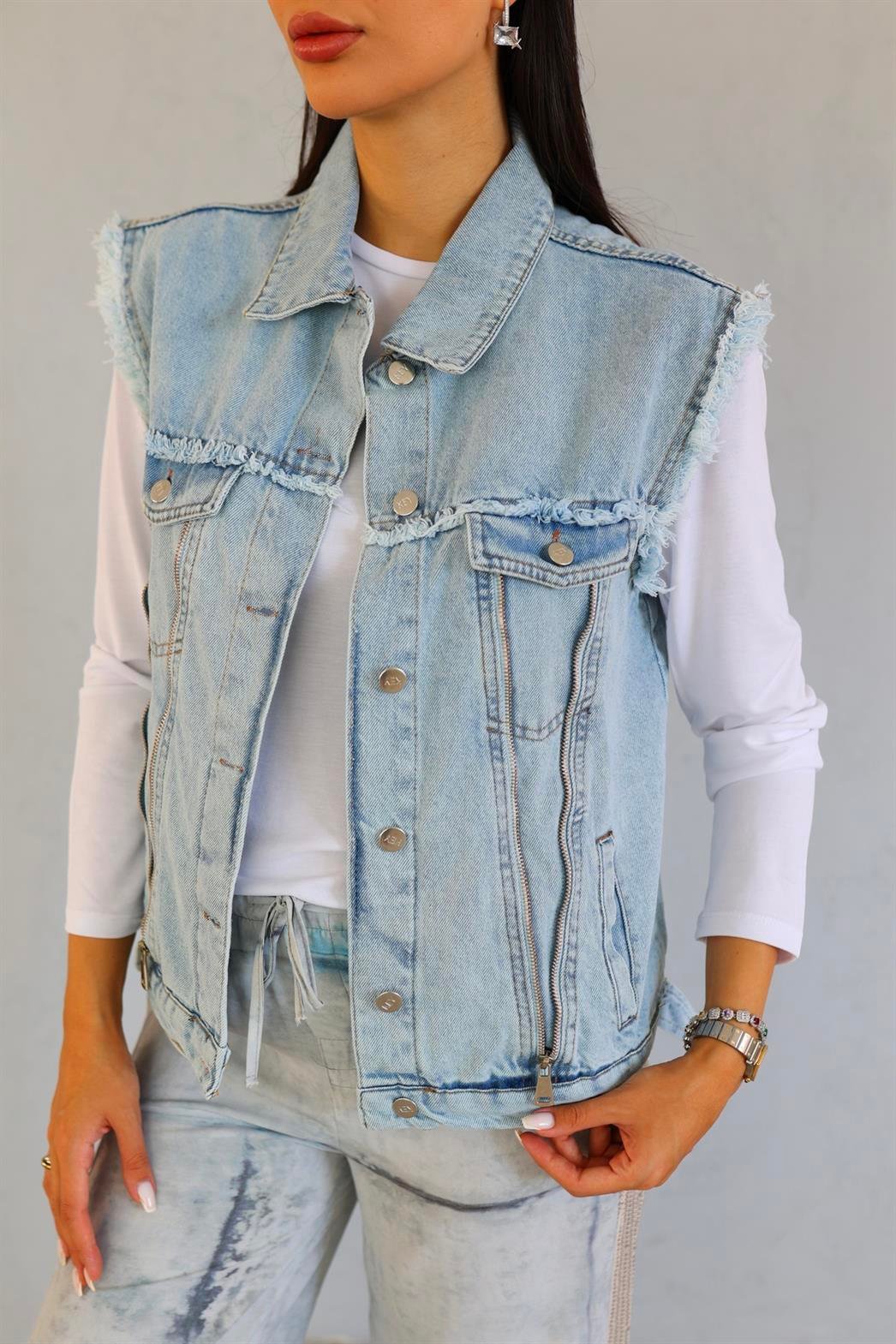 Fermuarlı Tasarım Denim Yelek