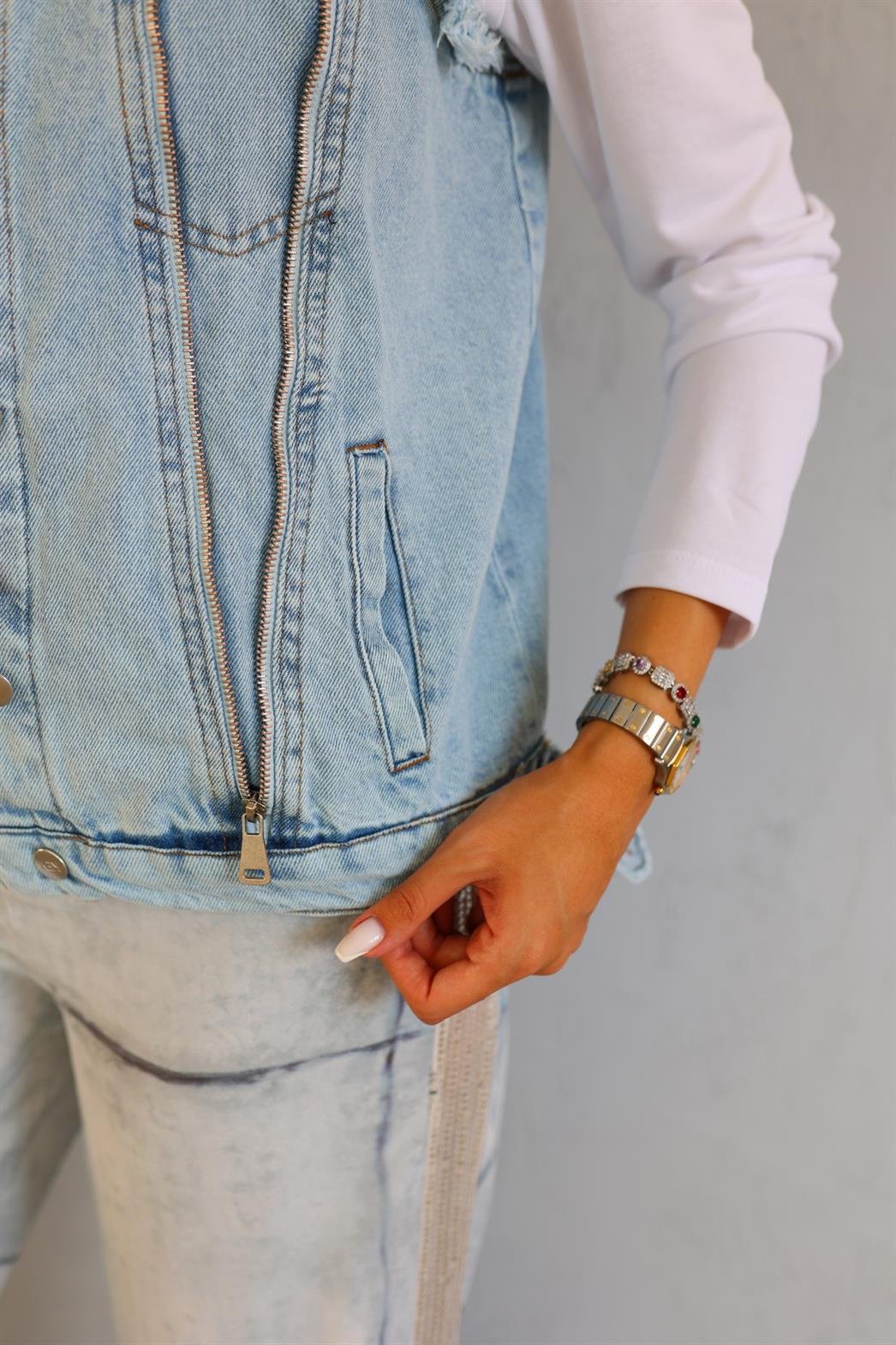 Fermuarlı Tasarım Denim Yelek