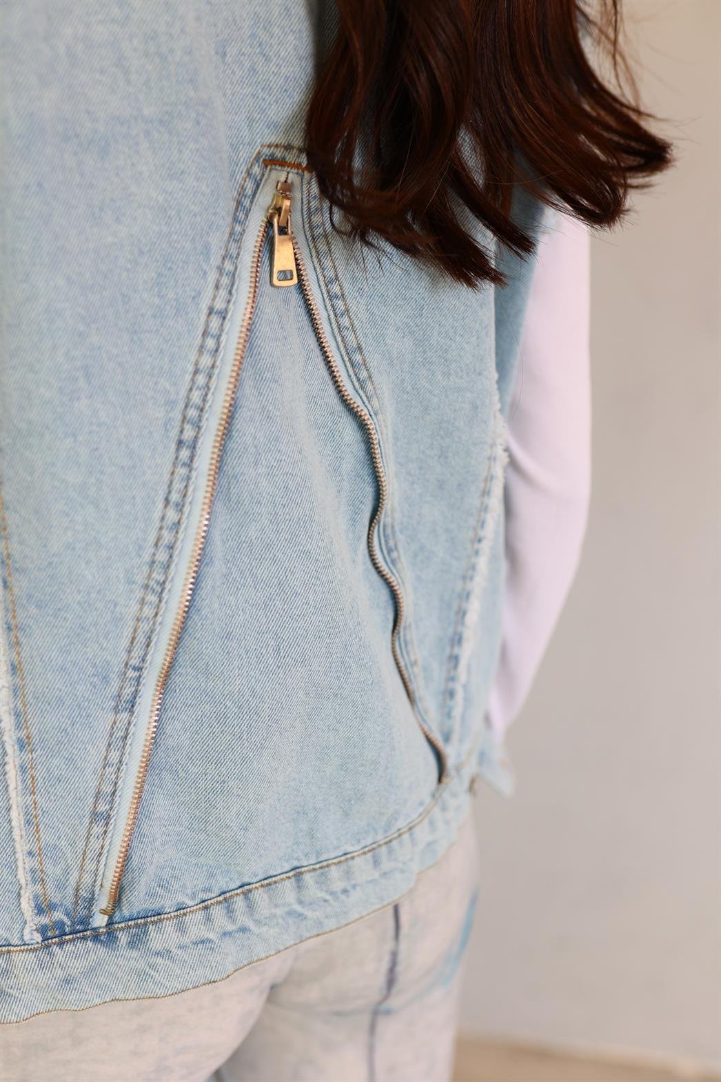 Fermuarlı Tasarım Denim Yelek
