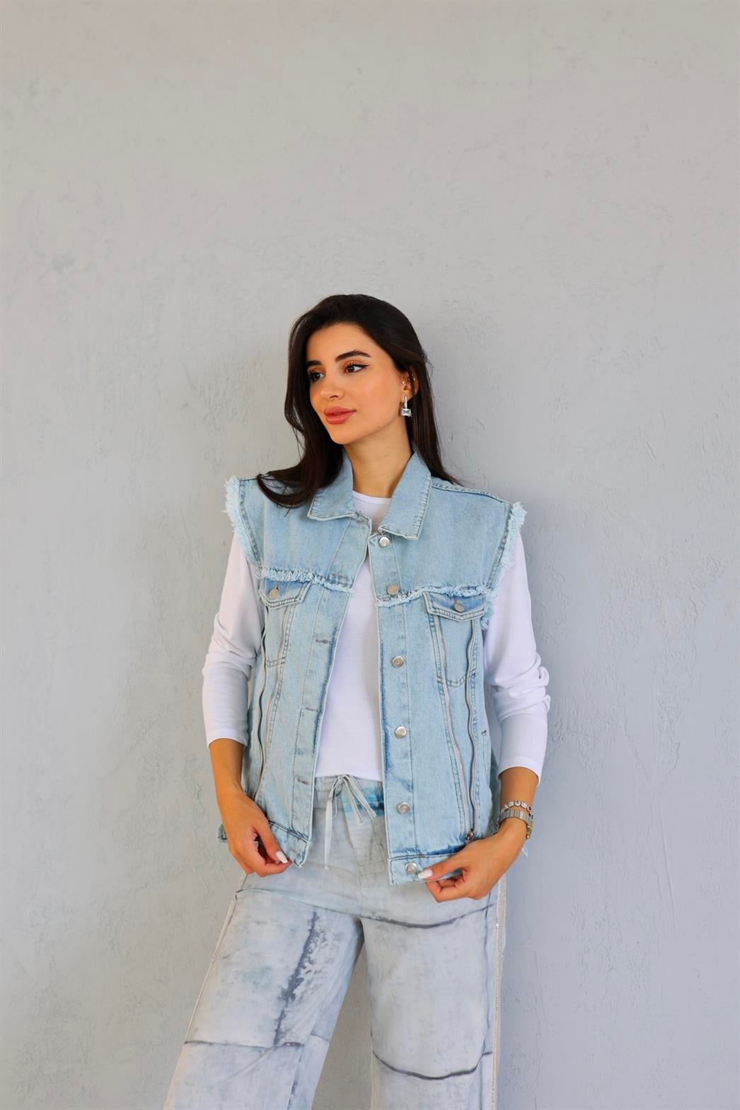 Fermuarlı Tasarım Denim Yelek