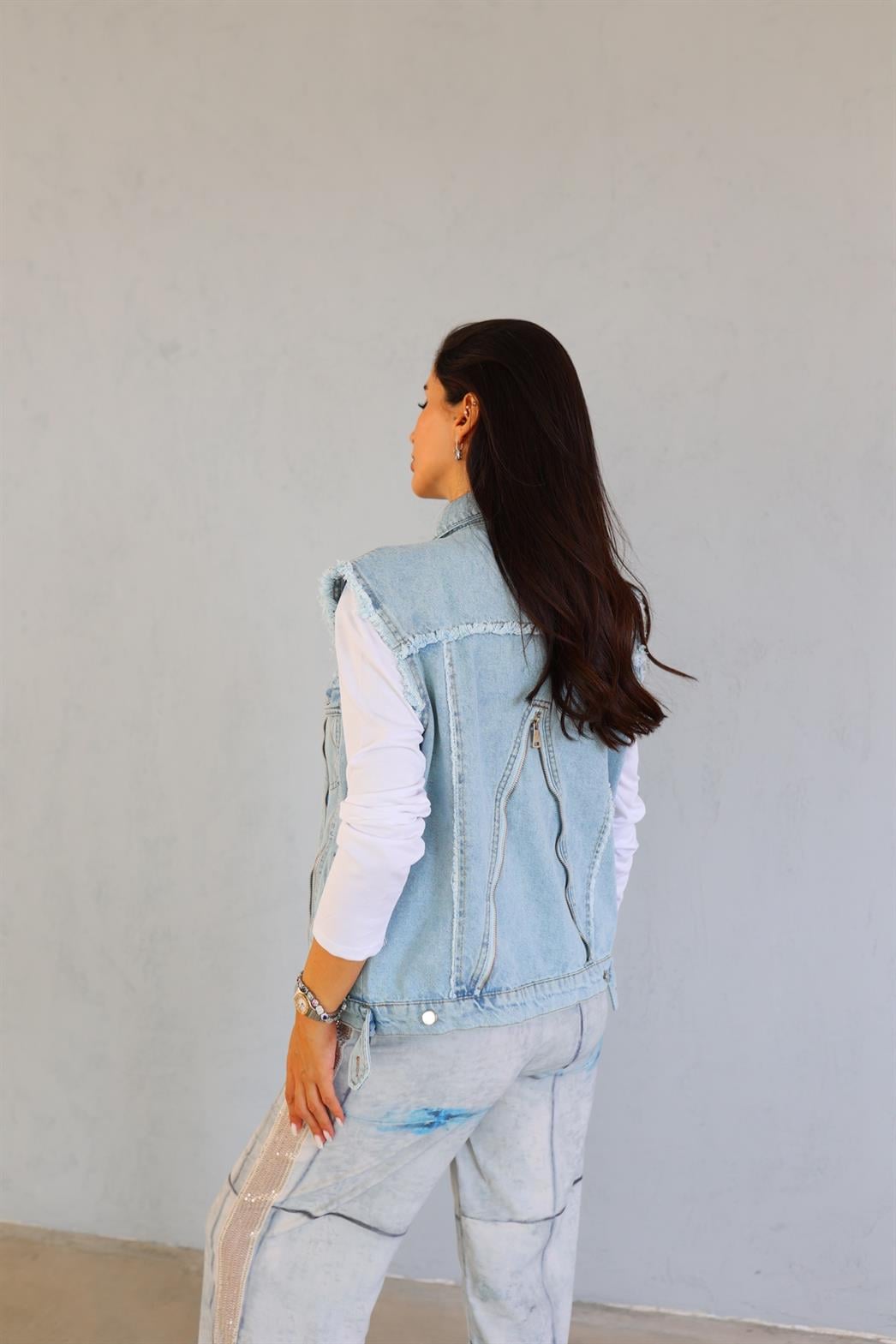 Fermuarlı Tasarım Denim Yelek