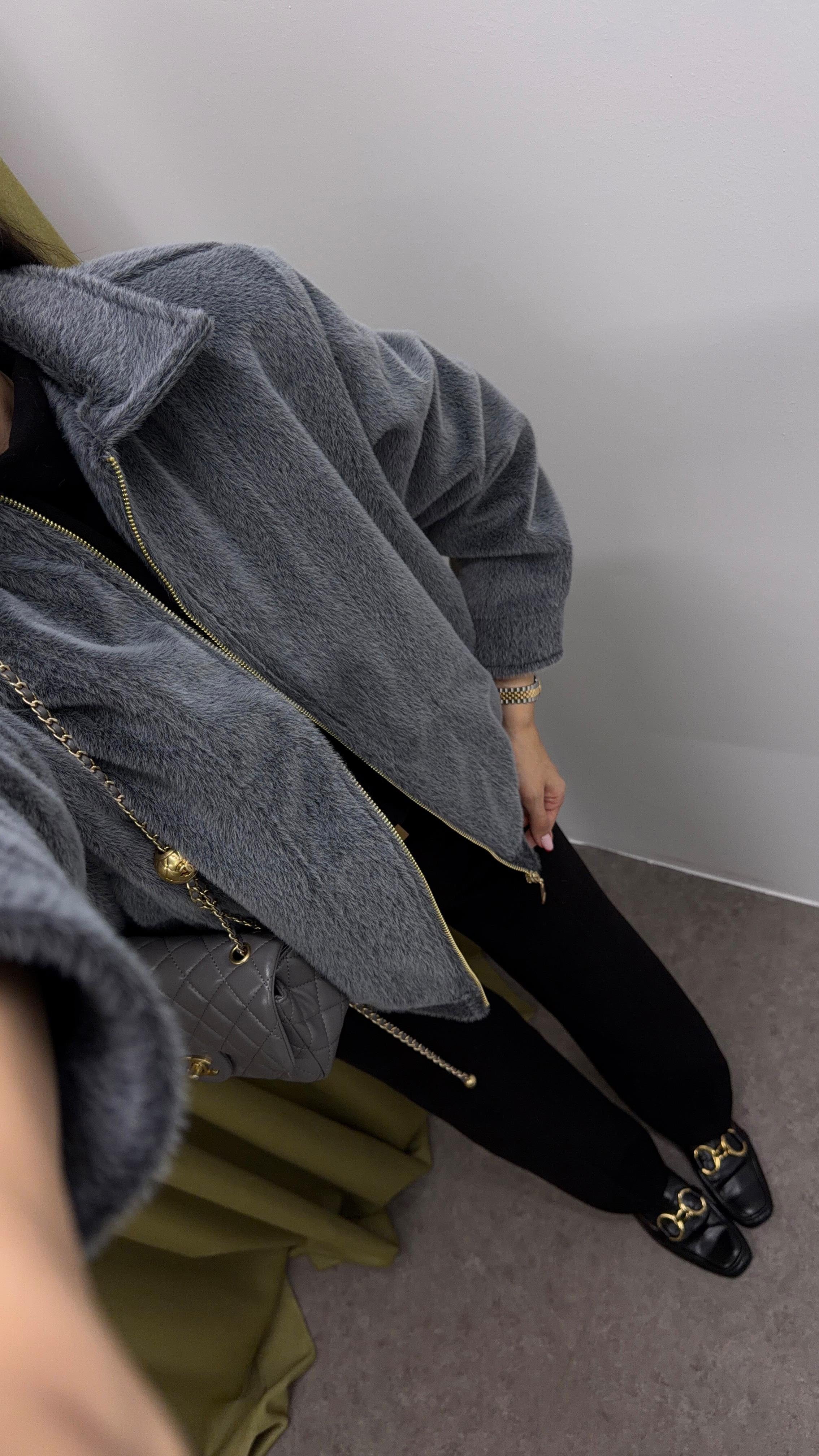 Fermuarlı Teddy Gri Bomber Ceket