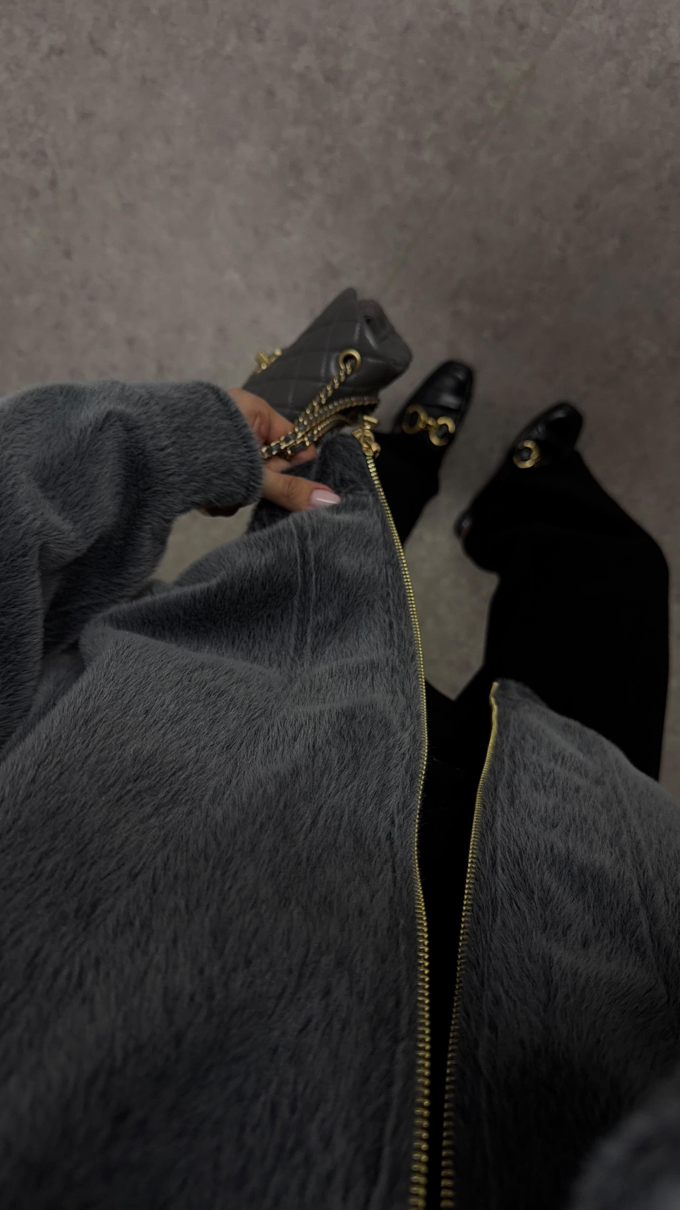 Fermuarlı Teddy Gri Bomber Ceket