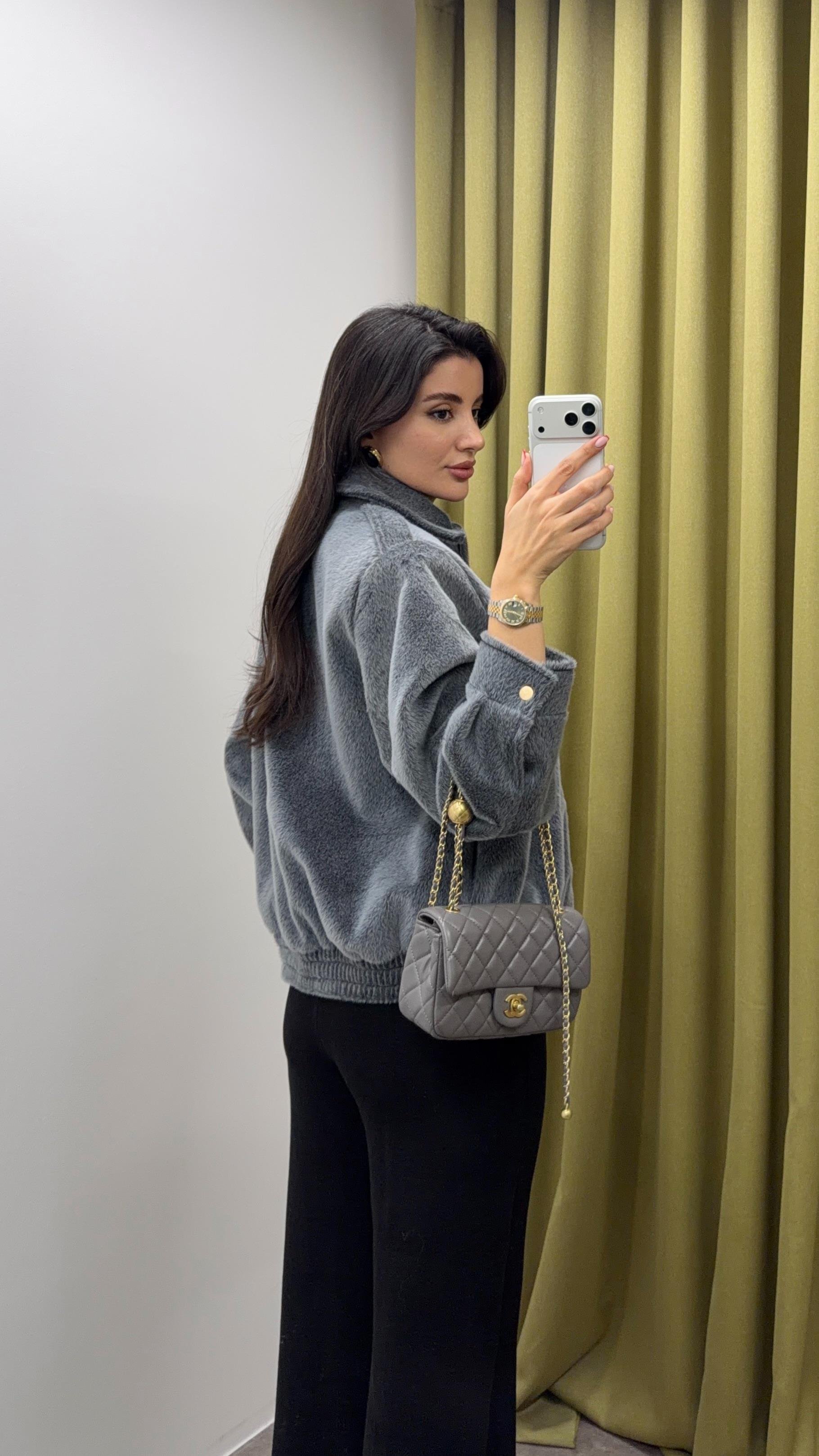 Fermuarlı Teddy Gri Bomber Ceket