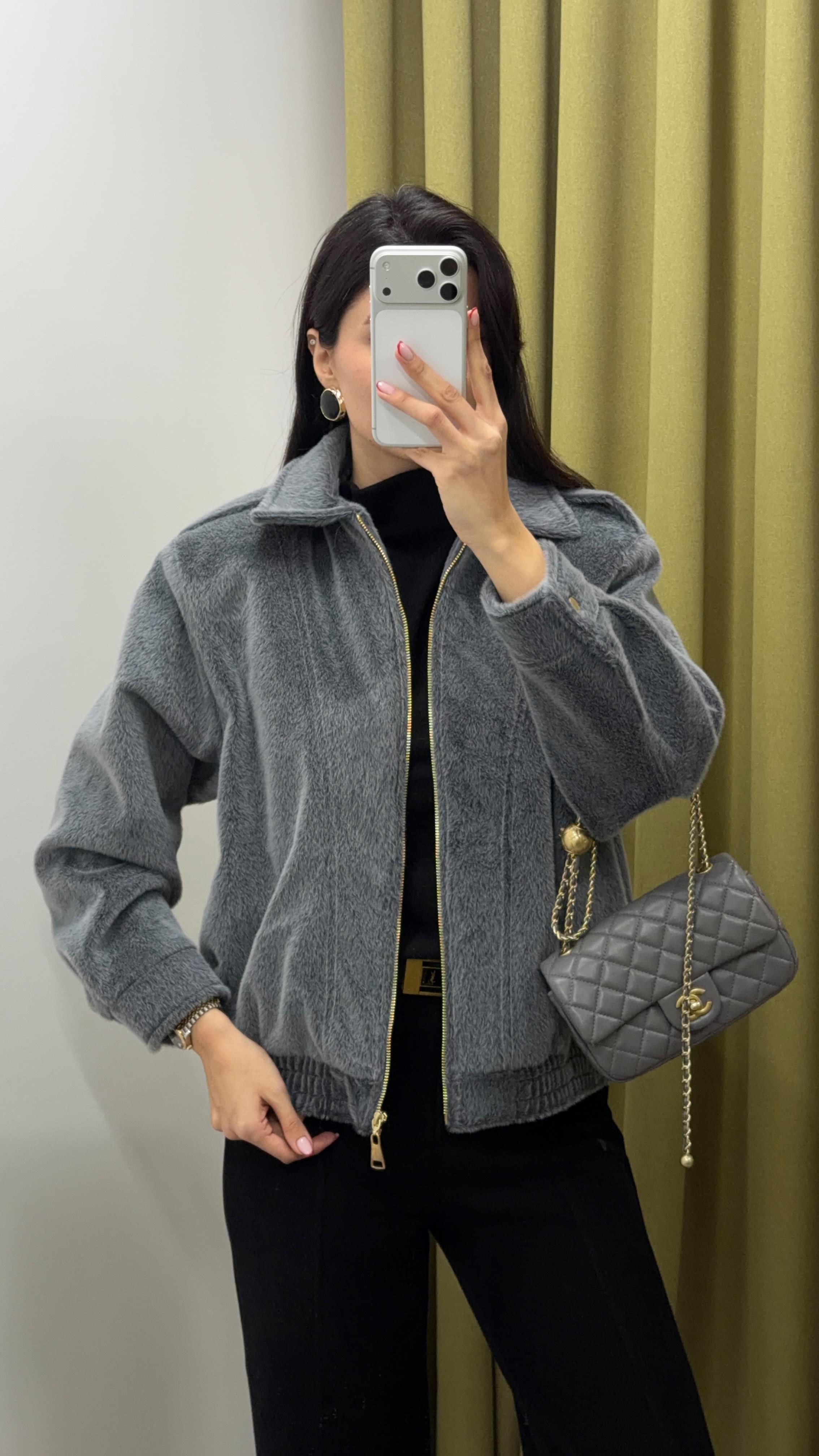 Fermuarlı Teddy Gri Bomber Ceket