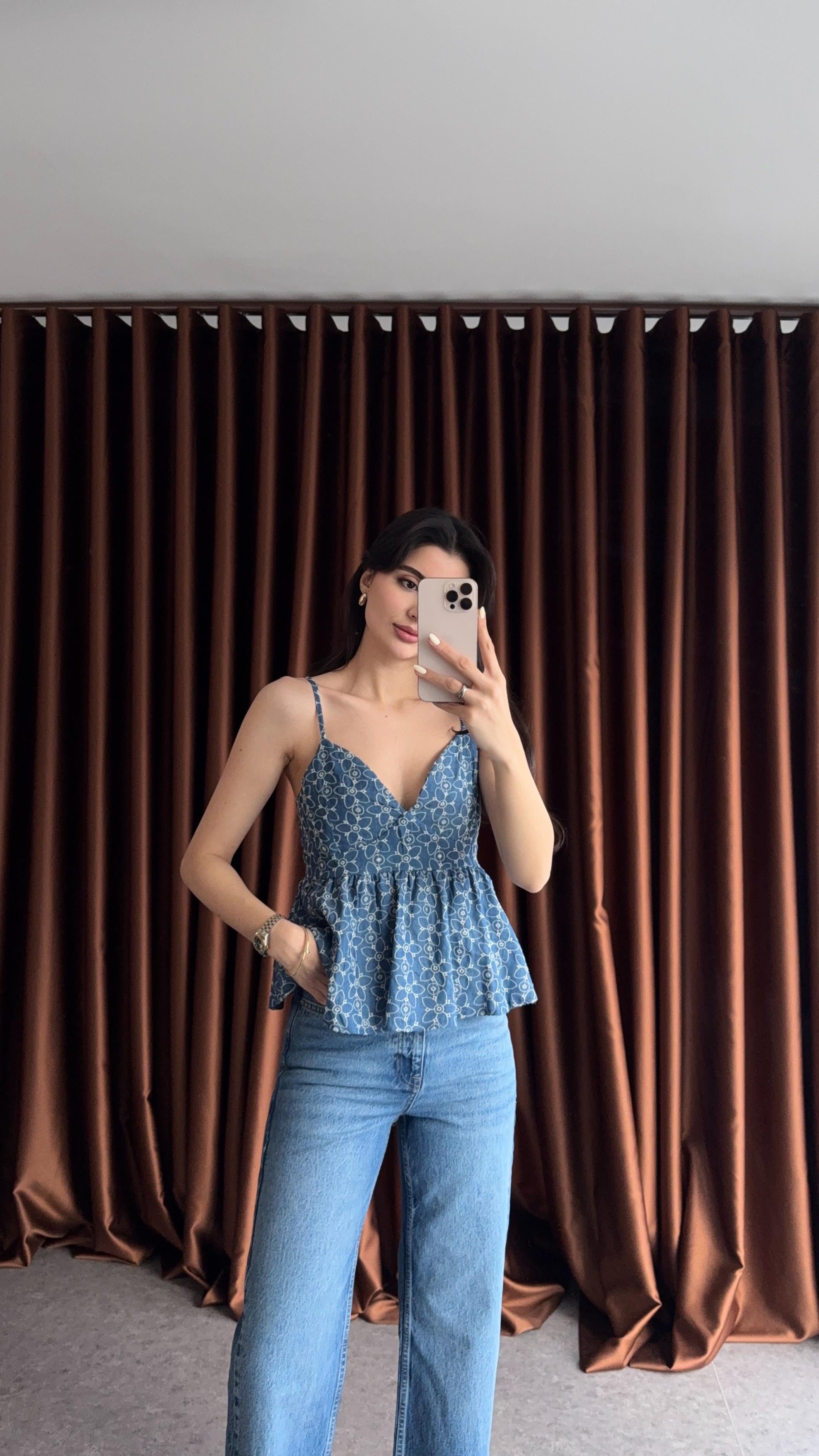 Fisto Detaylı Denim Bluz