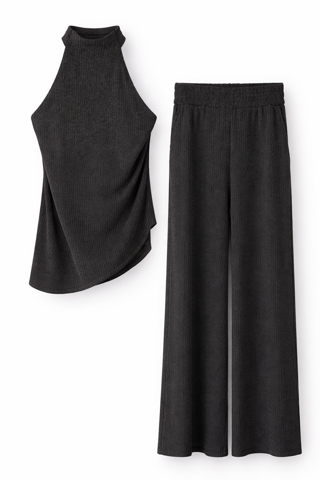 Fitilli Asimetrik Bluz-Geniş Paça Pantolon Antrasit Takım