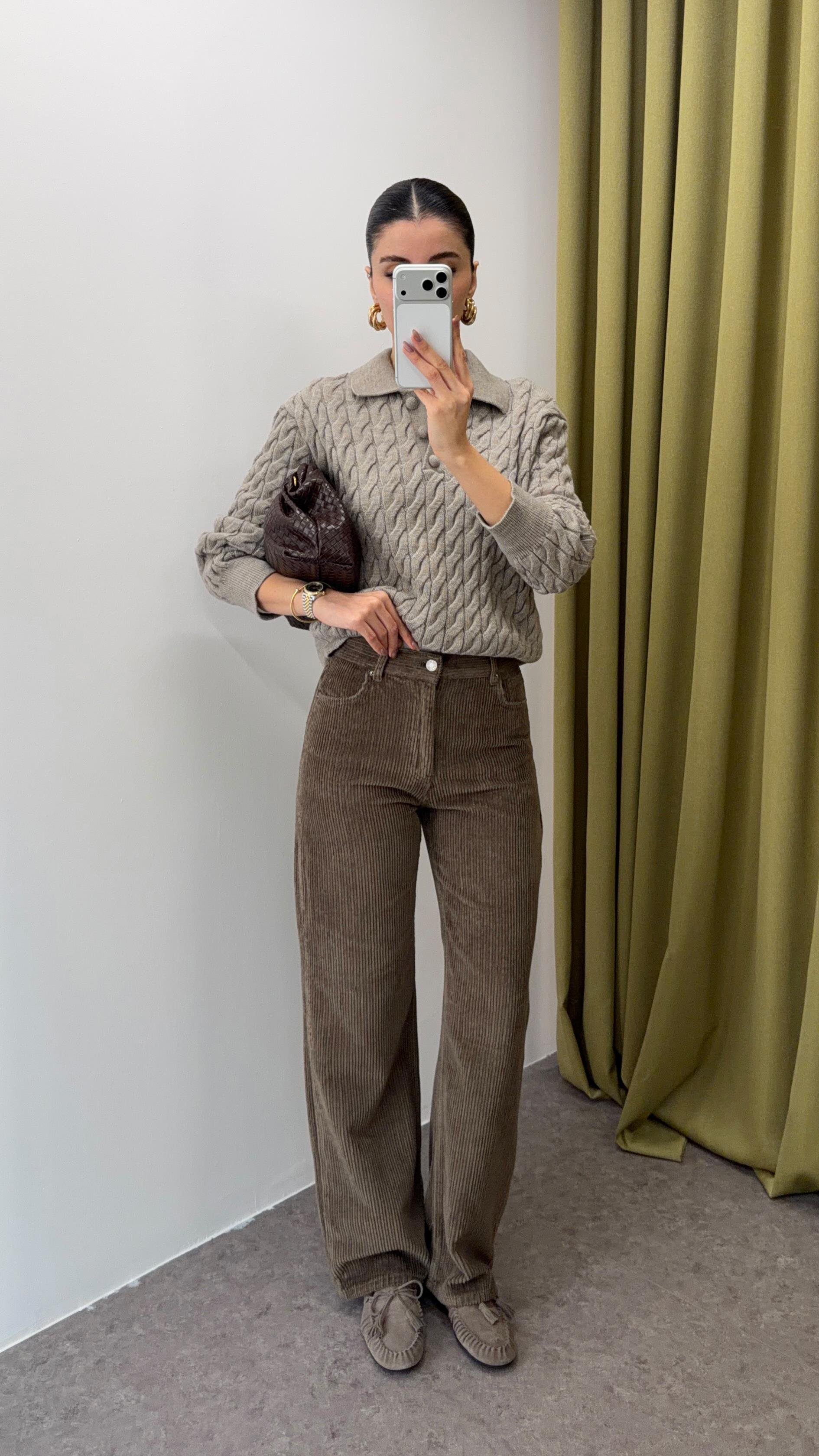 Fitilli Haki Kadife Pantolon