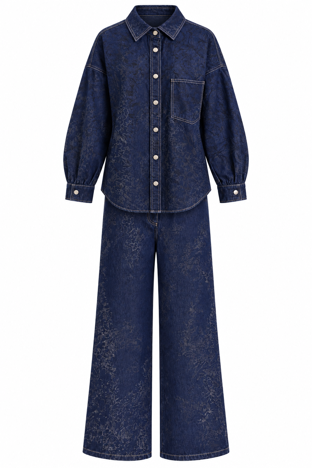 Flok Baskılı Lacivert Gömlek Ceket-Pantolon Denim Takım
