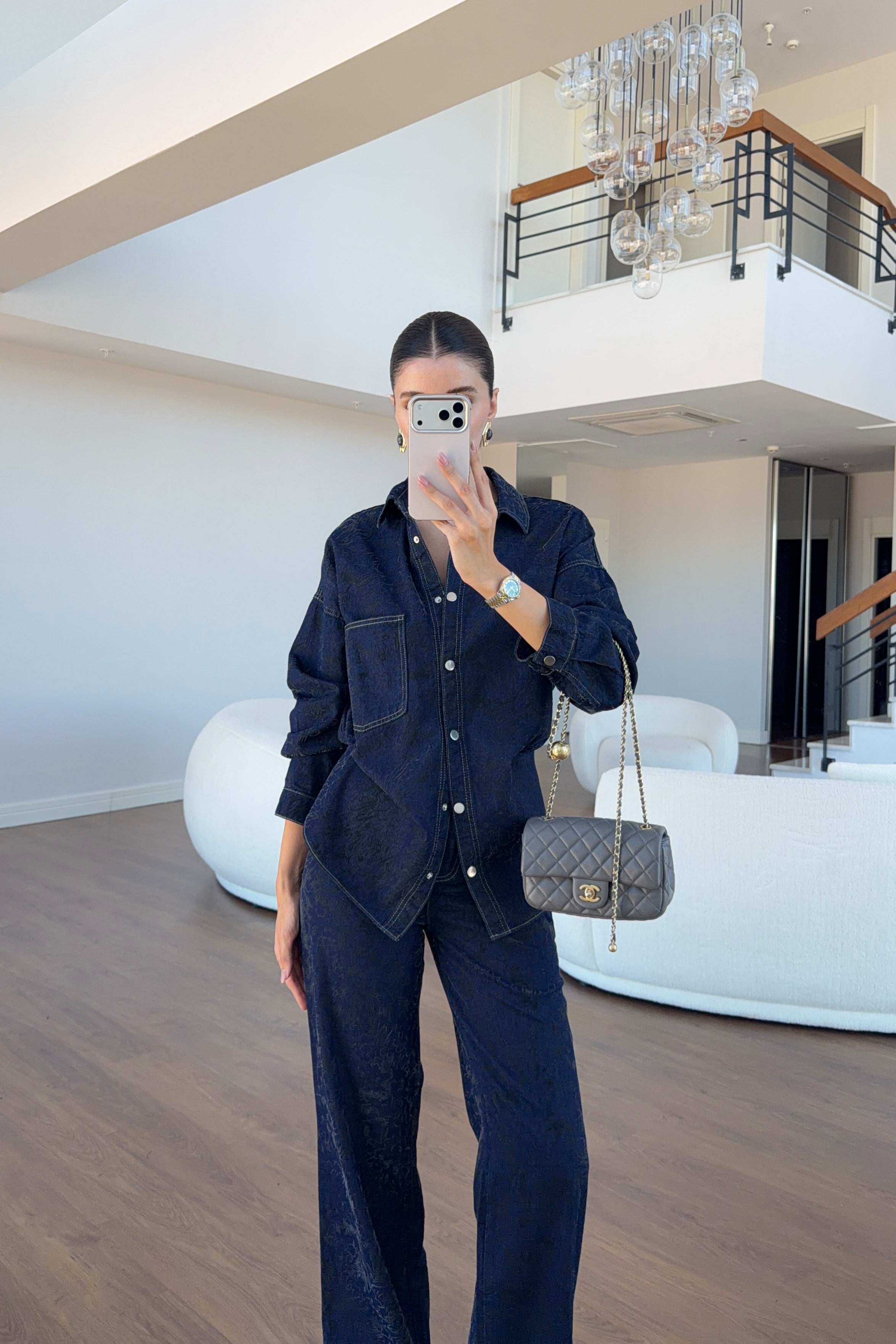 Flok Baskılı Lacivert Gömlek Ceket-Pantolon Denim Takım