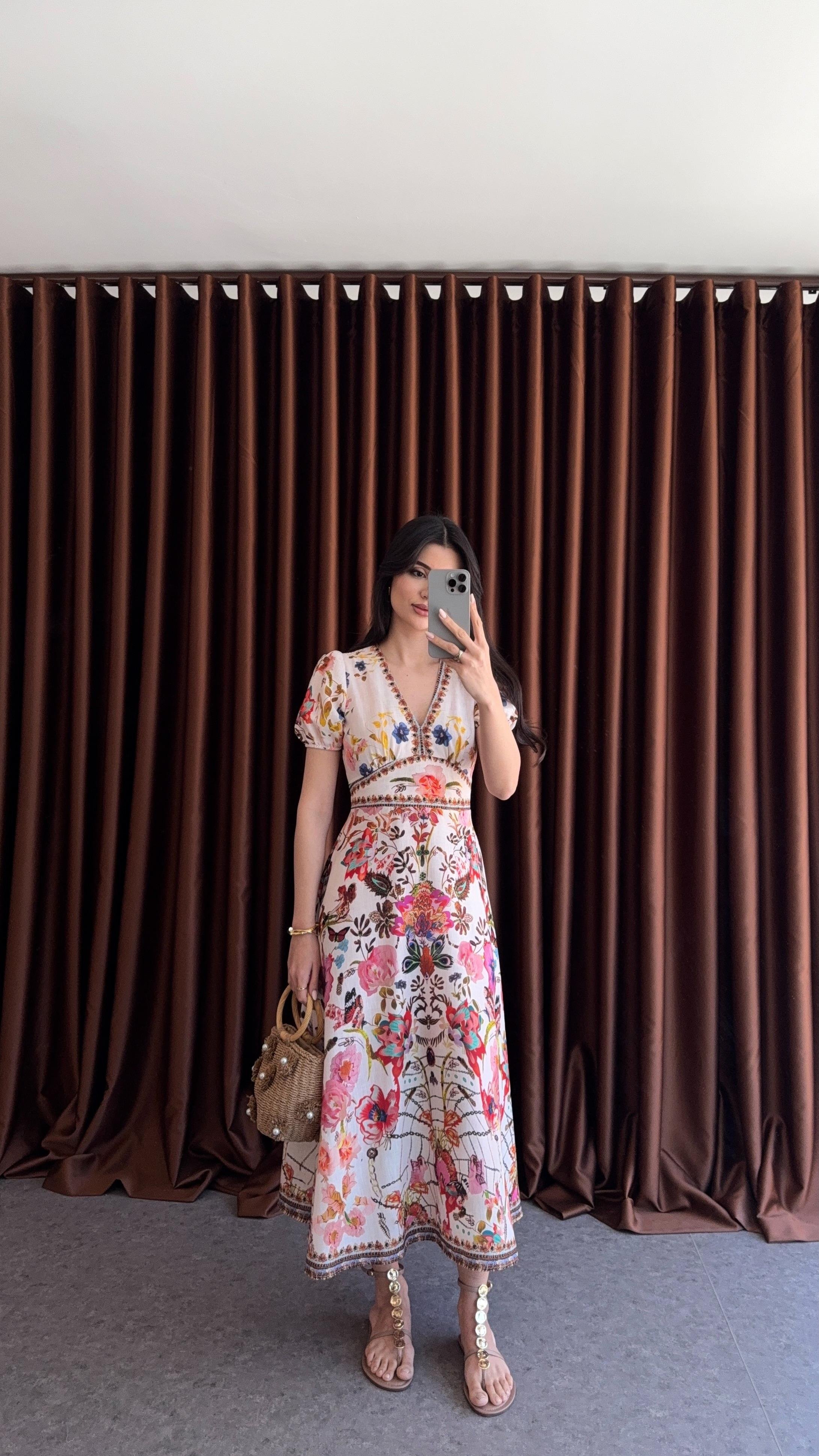 Floral Desenli Keten Elbise