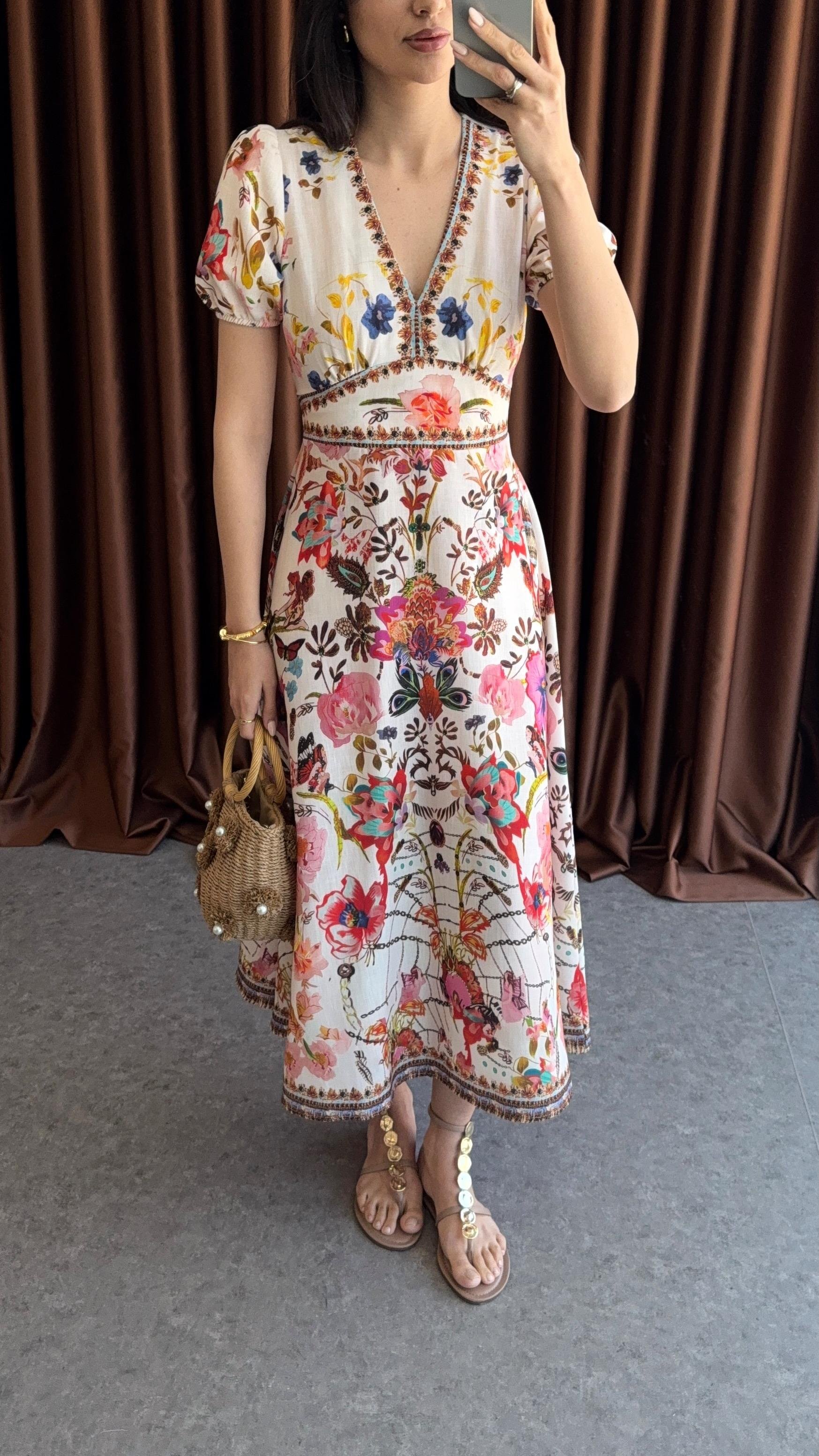 Floral Desenli Keten Elbise