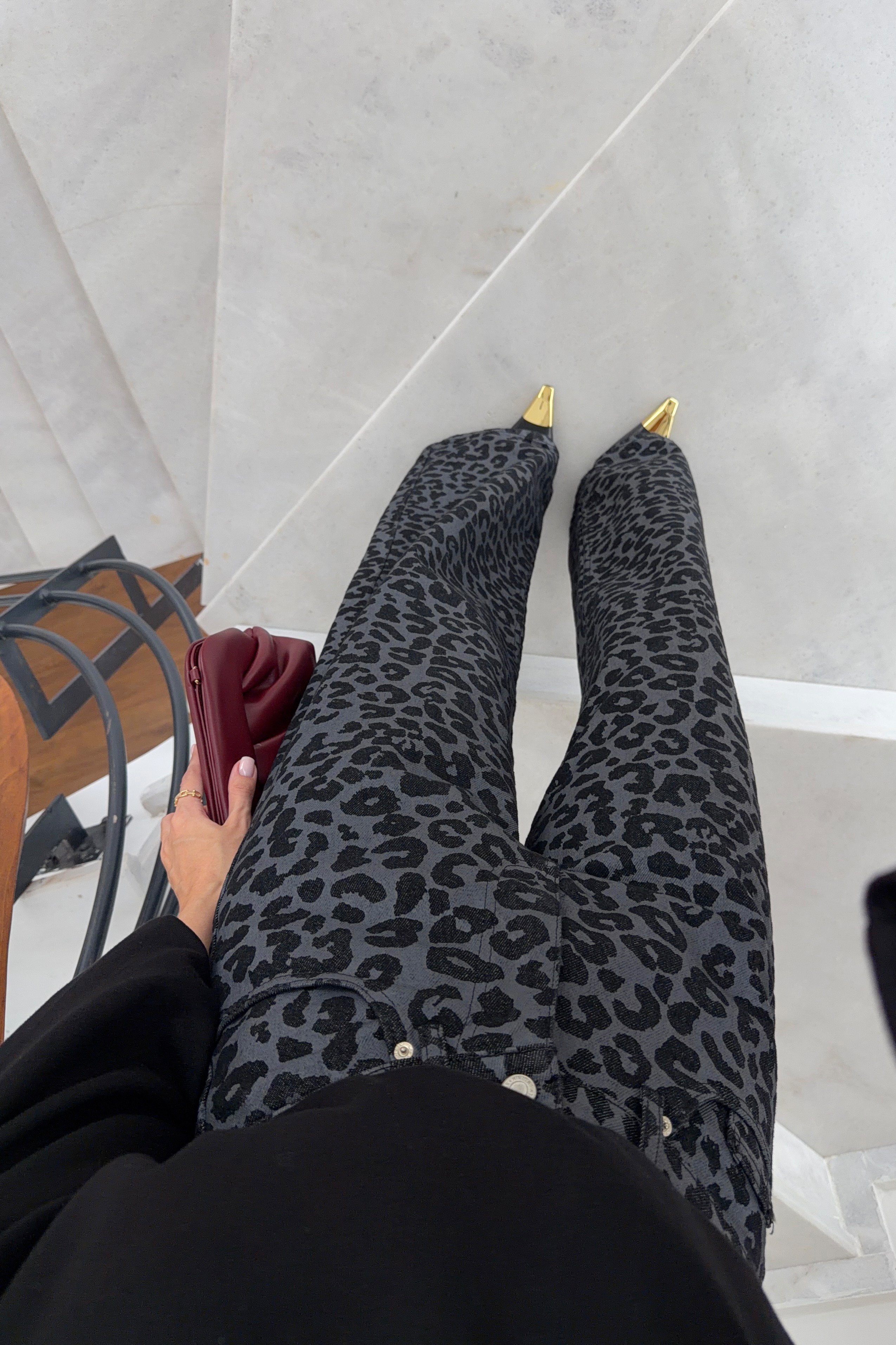 Füme Leopar Desen Yüksek Bel Wide Leg Denim