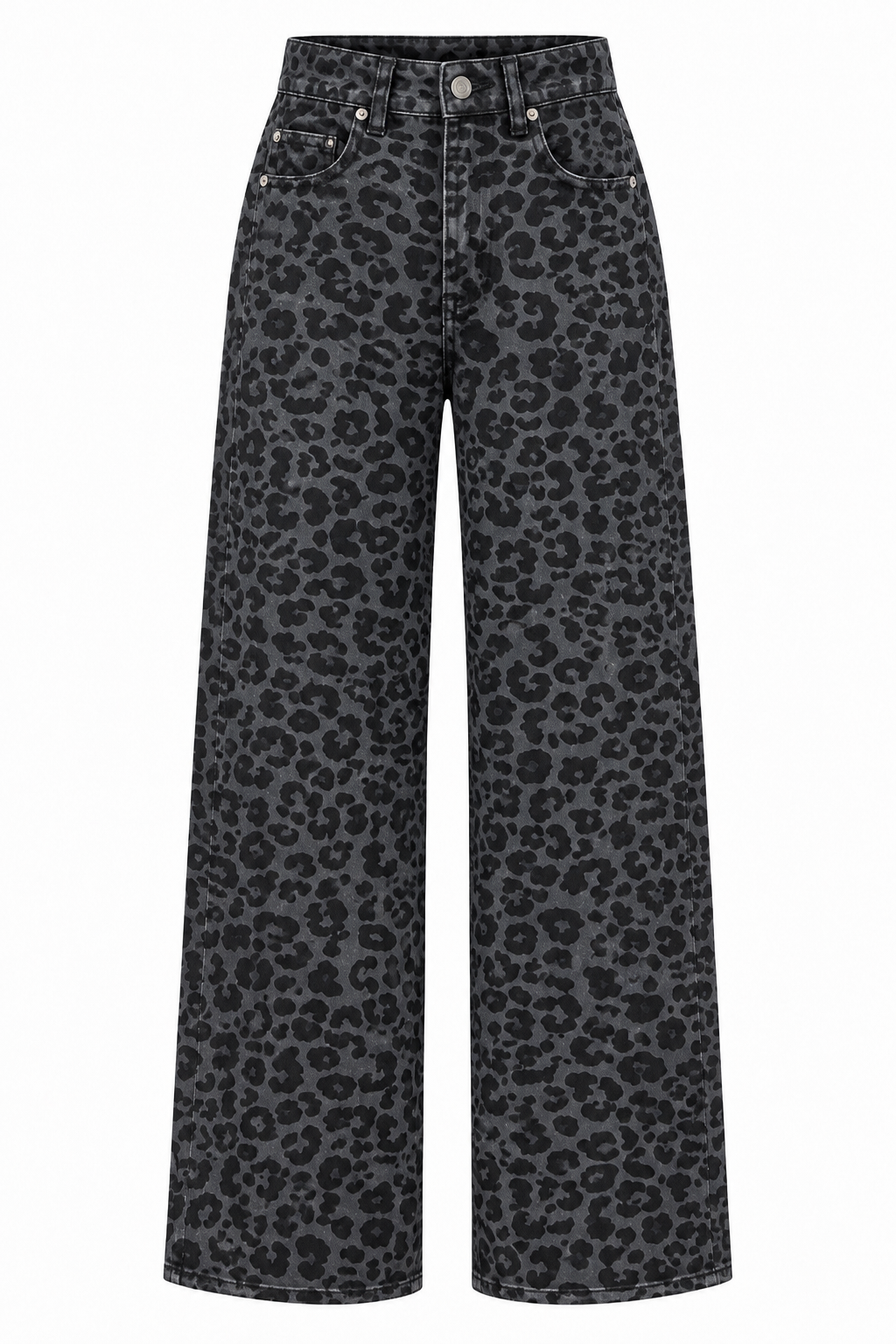 Füme Leopar Desen Yüksek Bel Wide Leg Denim