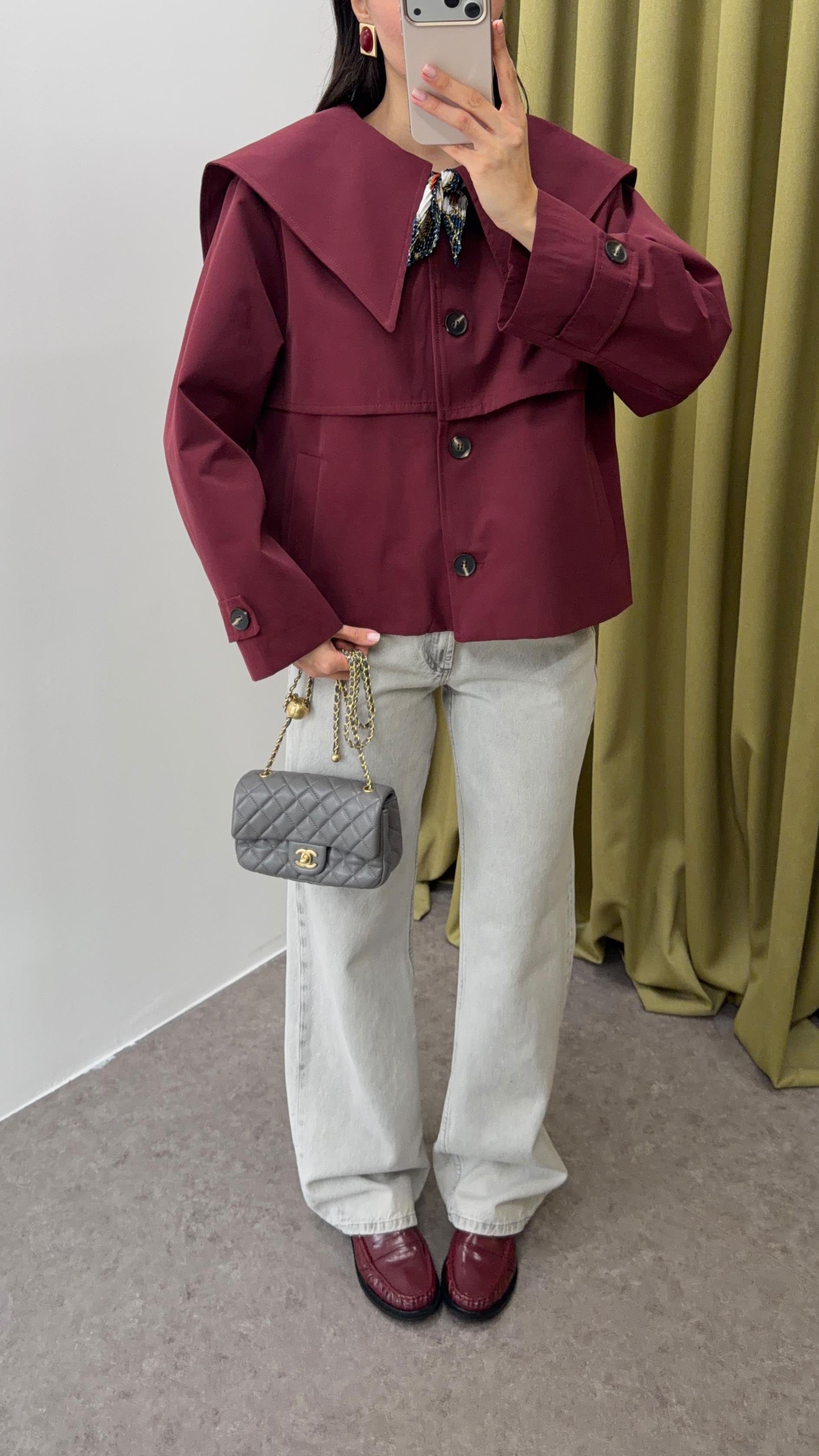 Geniş Yaka Düğmeli Bordo Ceket