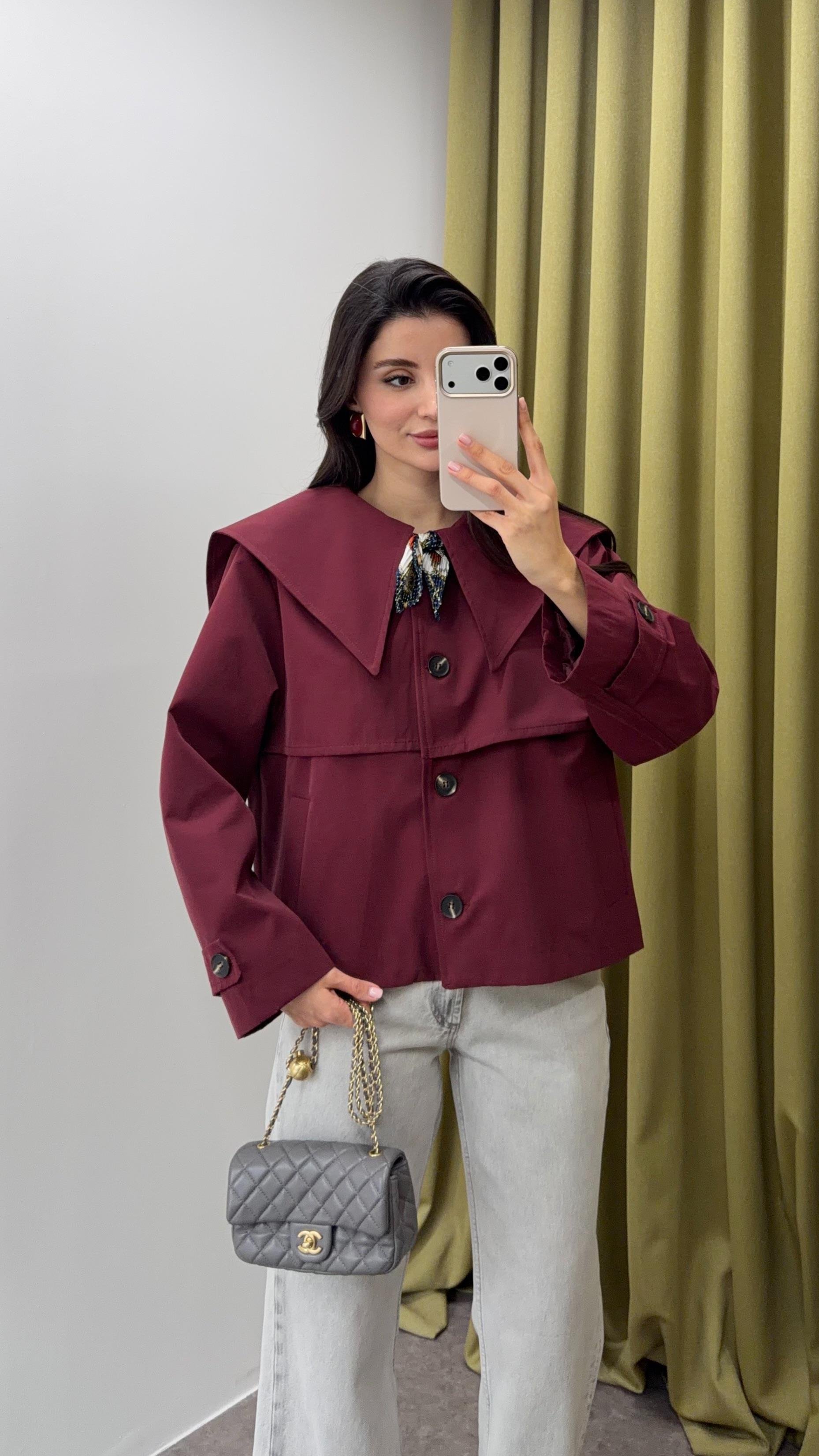 Geniş Yaka Düğmeli Bordo Ceket