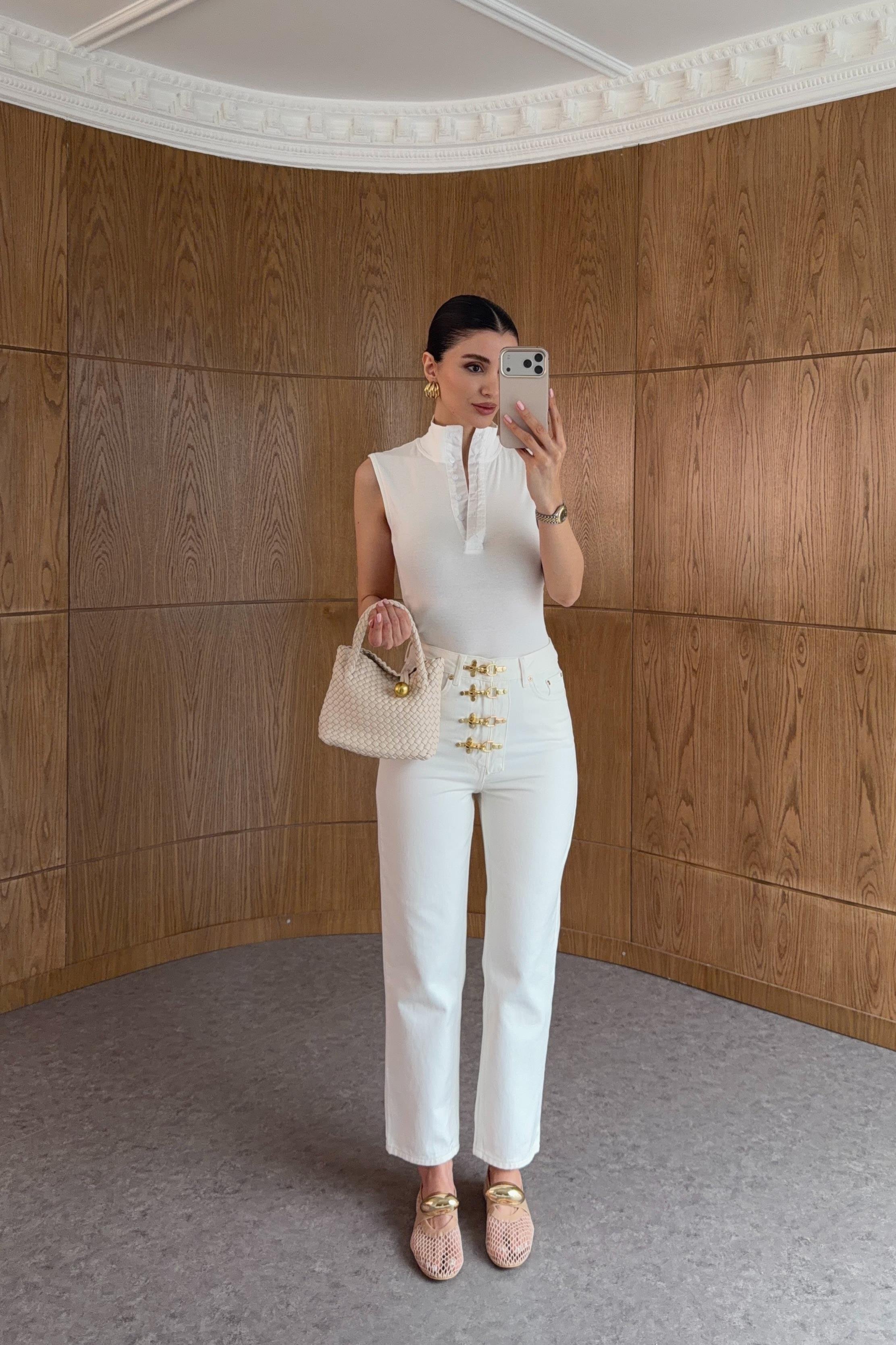 Gold Aksesuarlı Ekru Denim