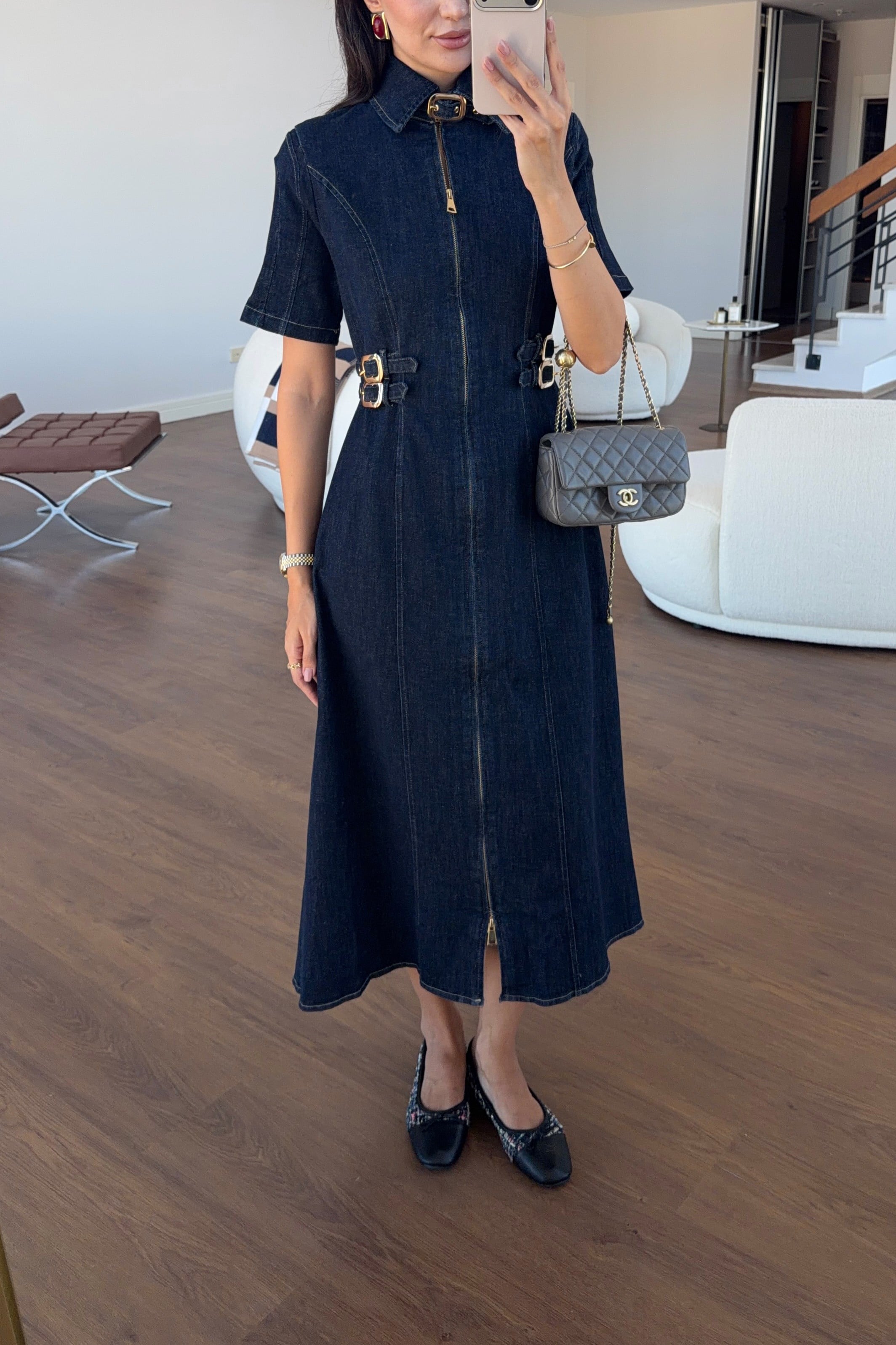 Gold Detaylı Likralı Denim Elbise