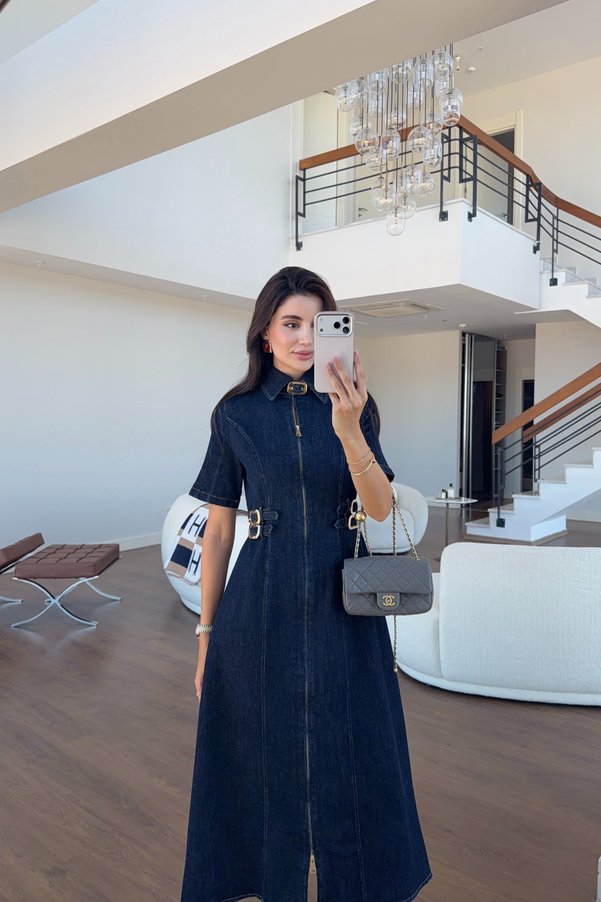 Gold Detaylı Likralı Denim Elbise