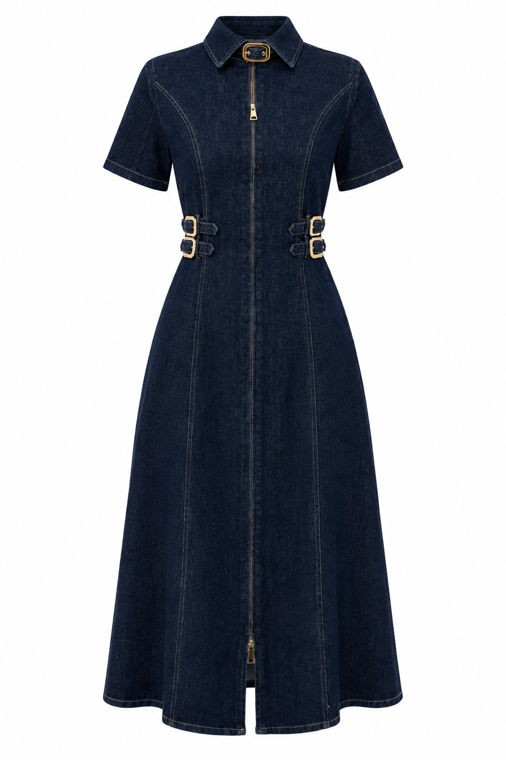 Gold Detaylı Likralı Denim Elbise