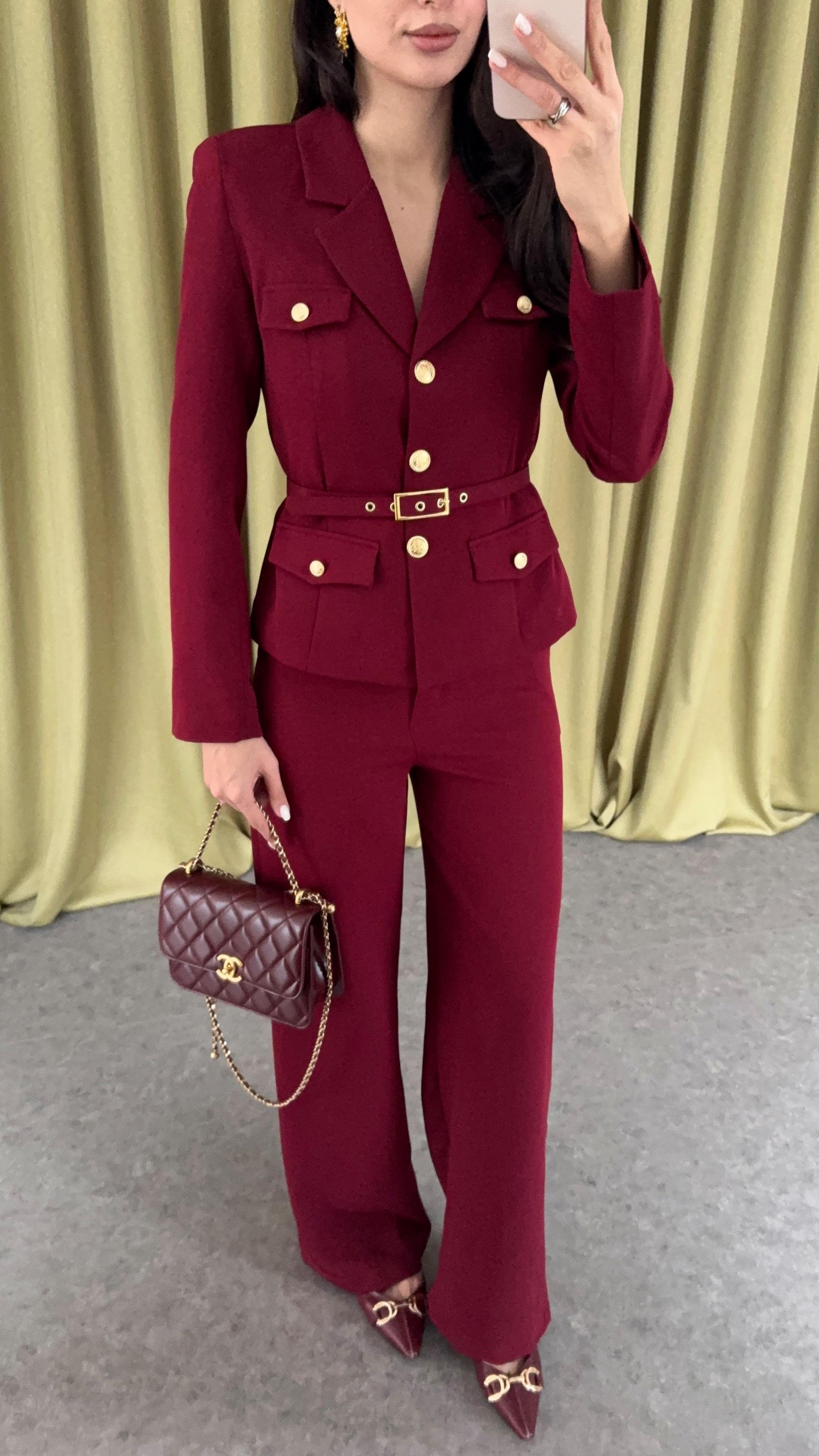 Gold Detaylı Premium Bordo İkili Takım