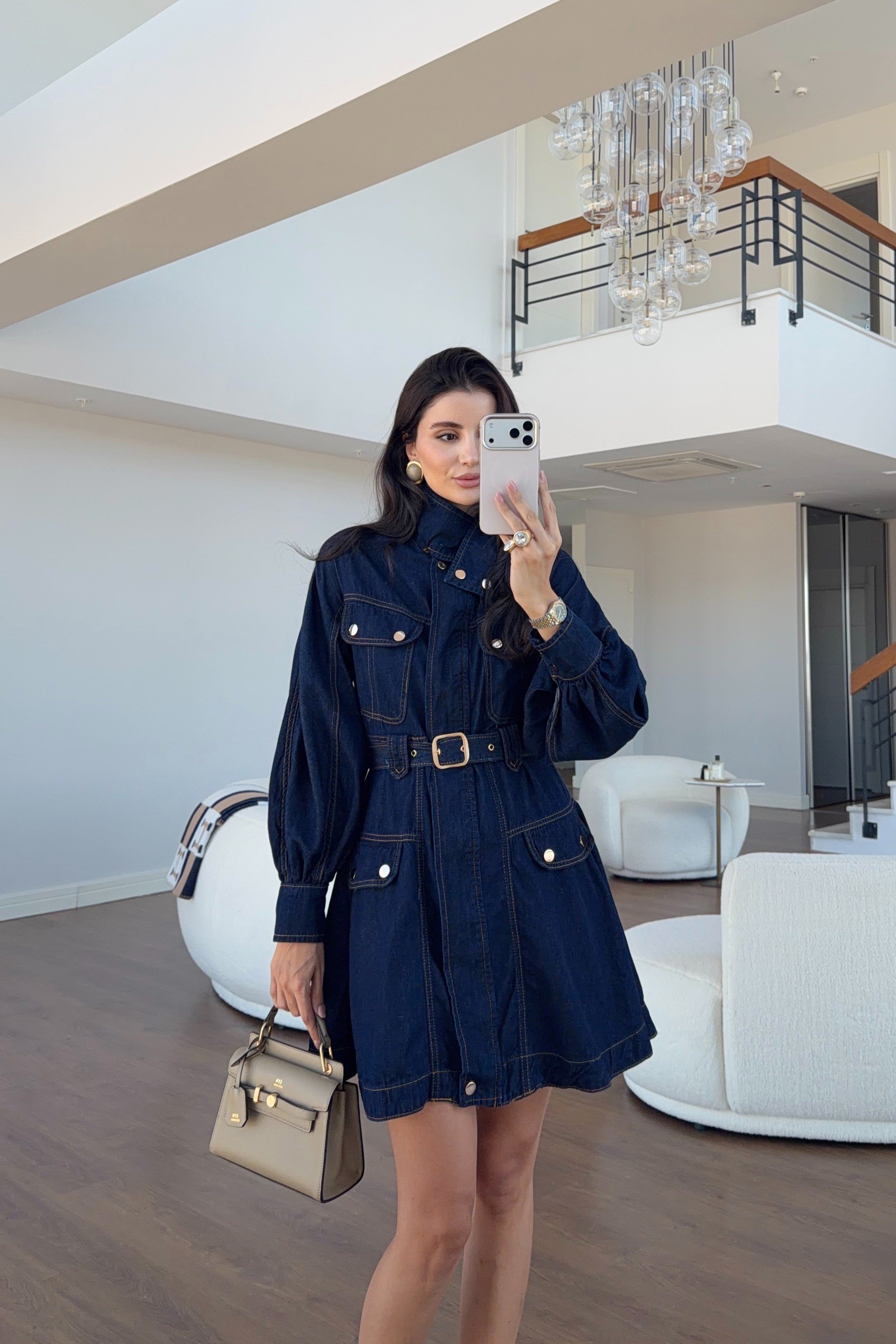 Gold Düğmeli Kemerli Denim Elbise