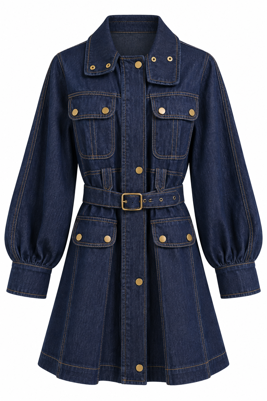Gold Düğmeli Kemerli Denim Elbise