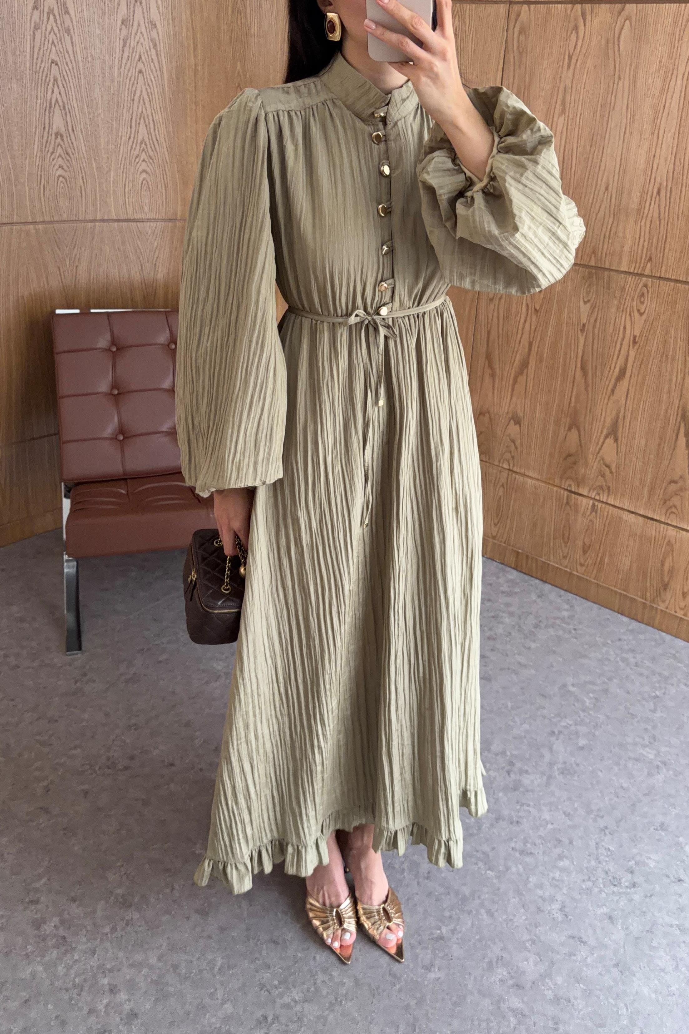 Gold Düğmeli Piliseli Haki Elbise