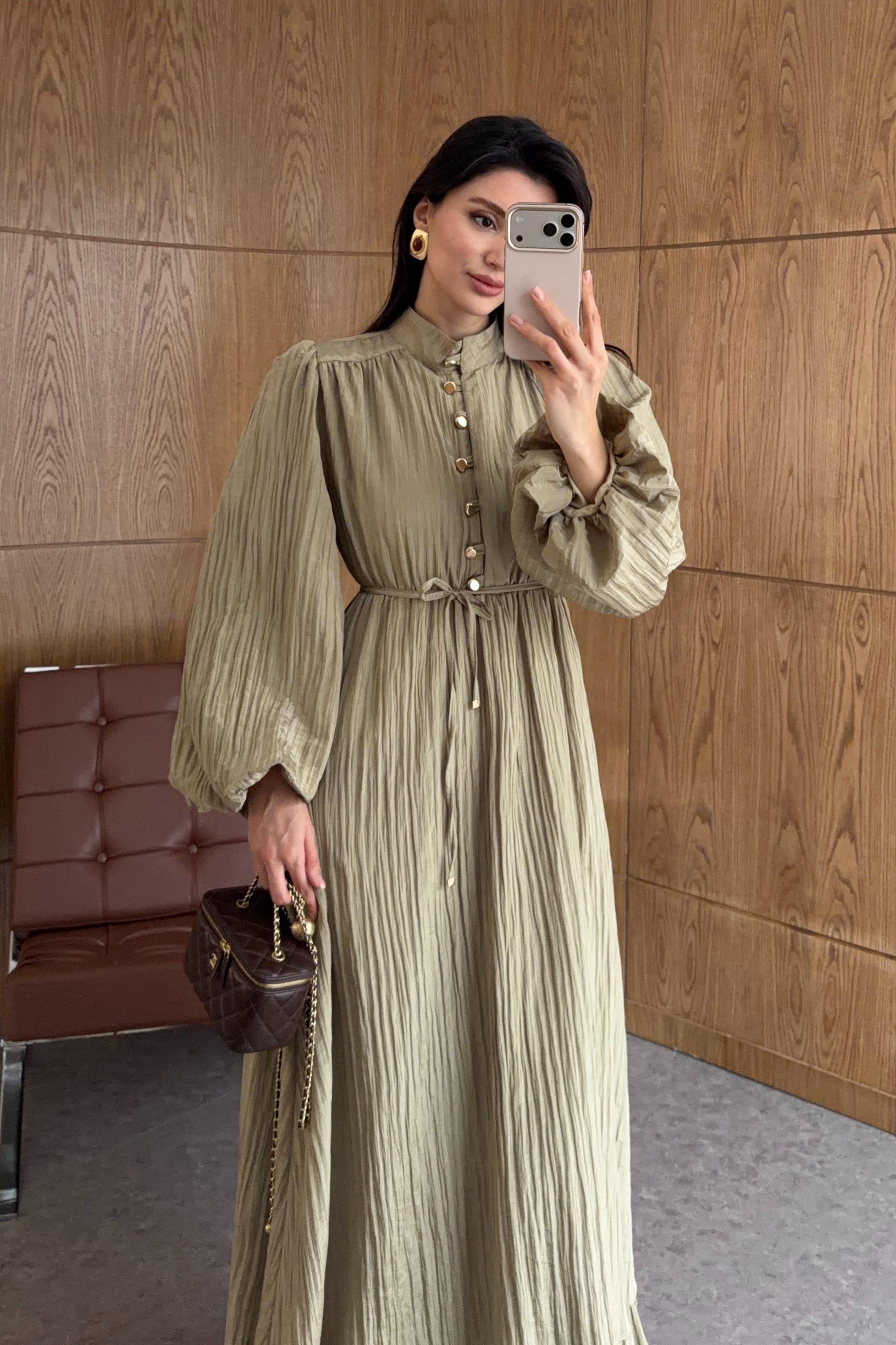 Gold Düğmeli Piliseli Haki Elbise