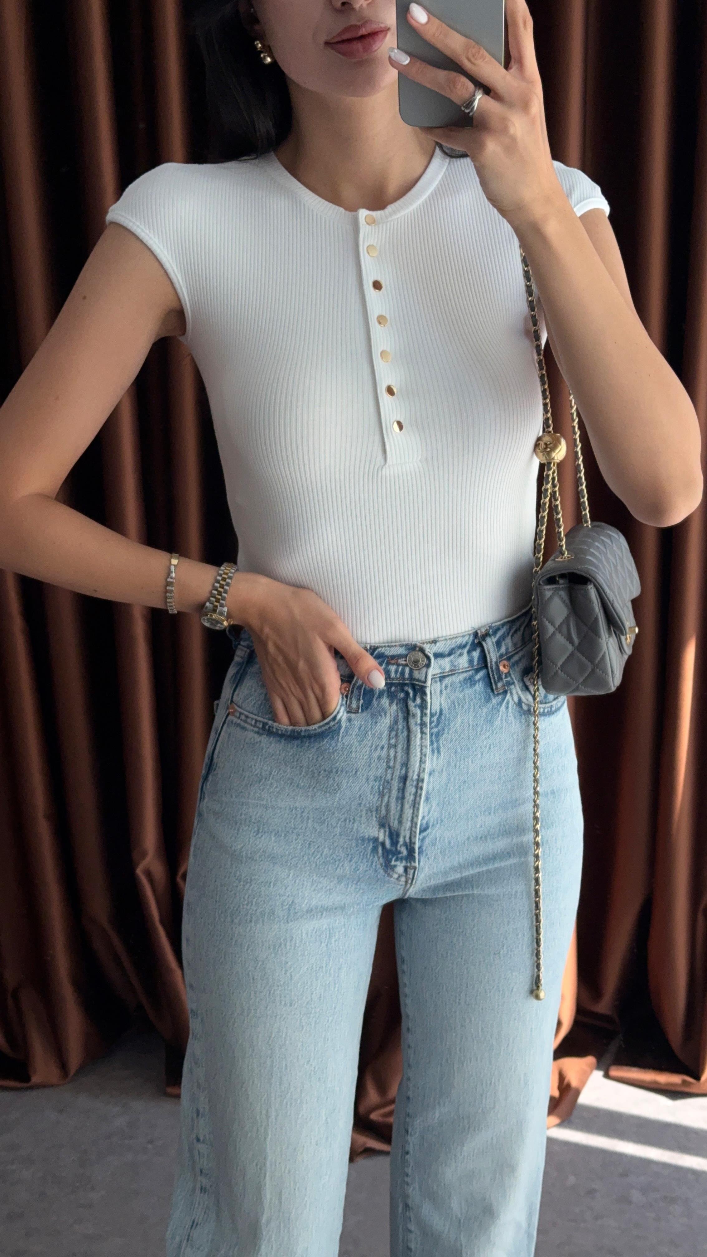 Gold Düğmeli T Kol Basic Beyaz Triko