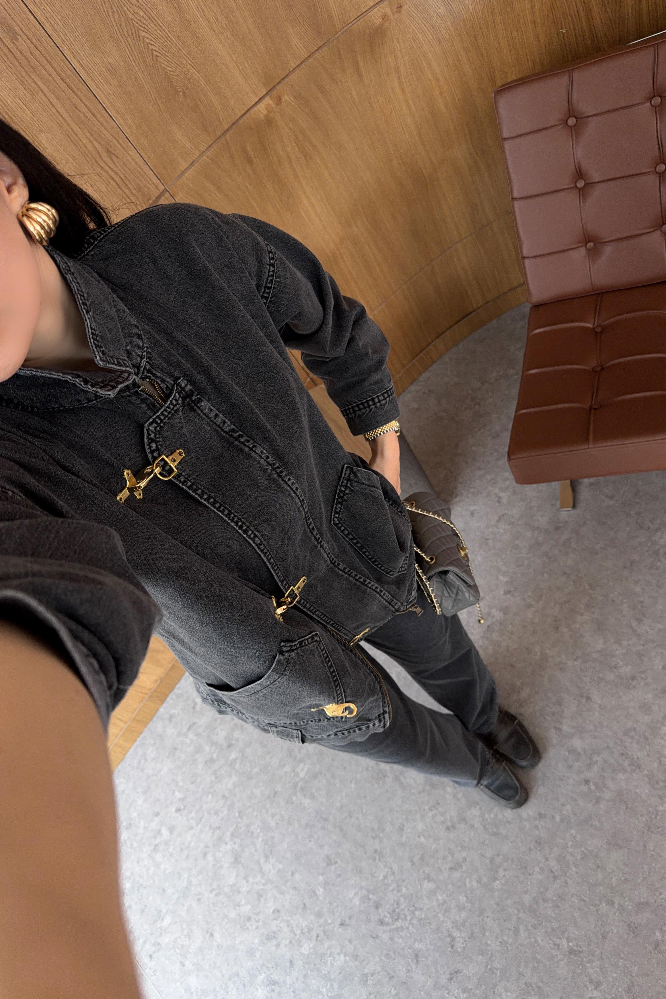 Gold Kancalı Gri Denim Ceket-Jean Takım