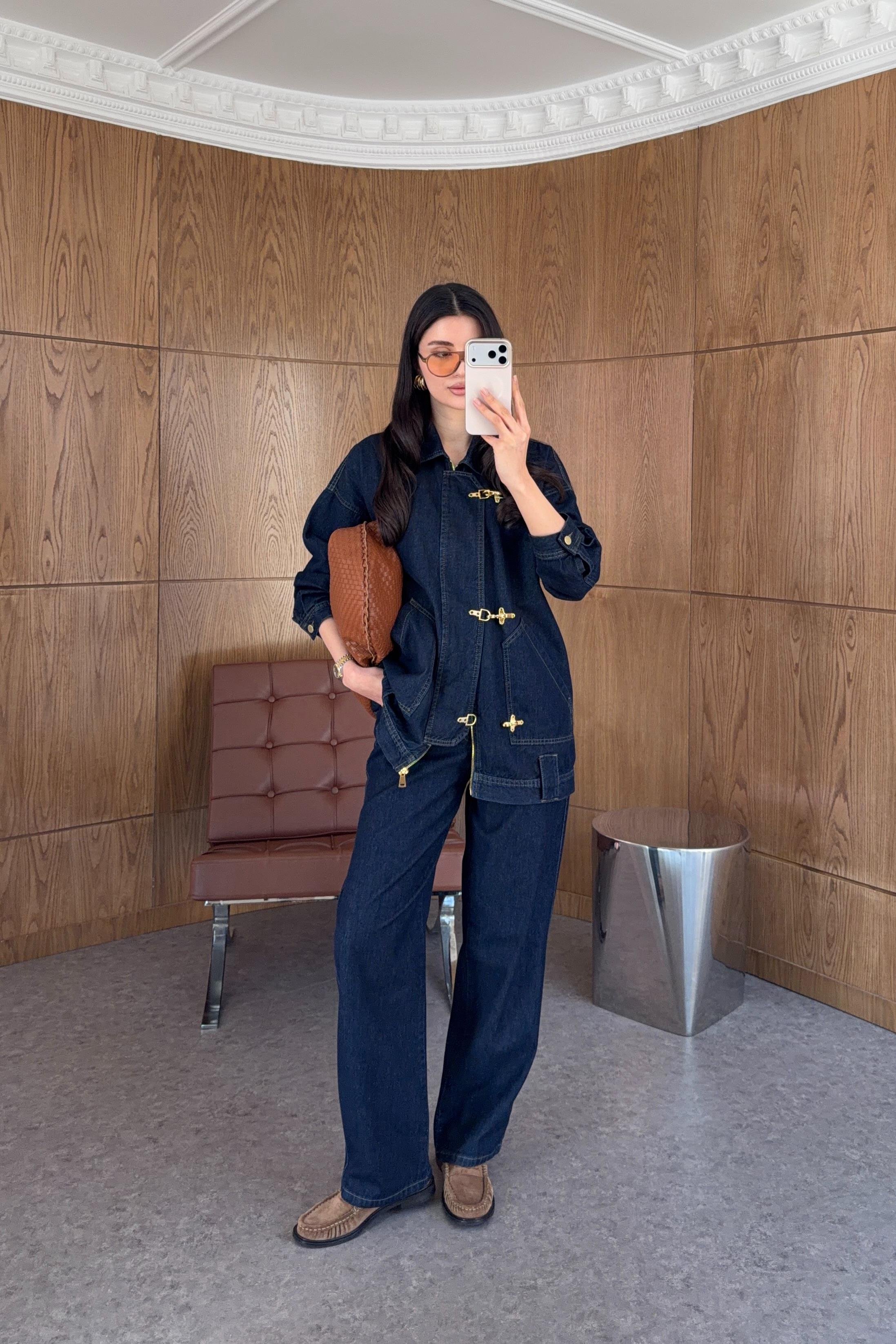 Gold Kancalı Lacivert Denim Ceket-Jean Takım