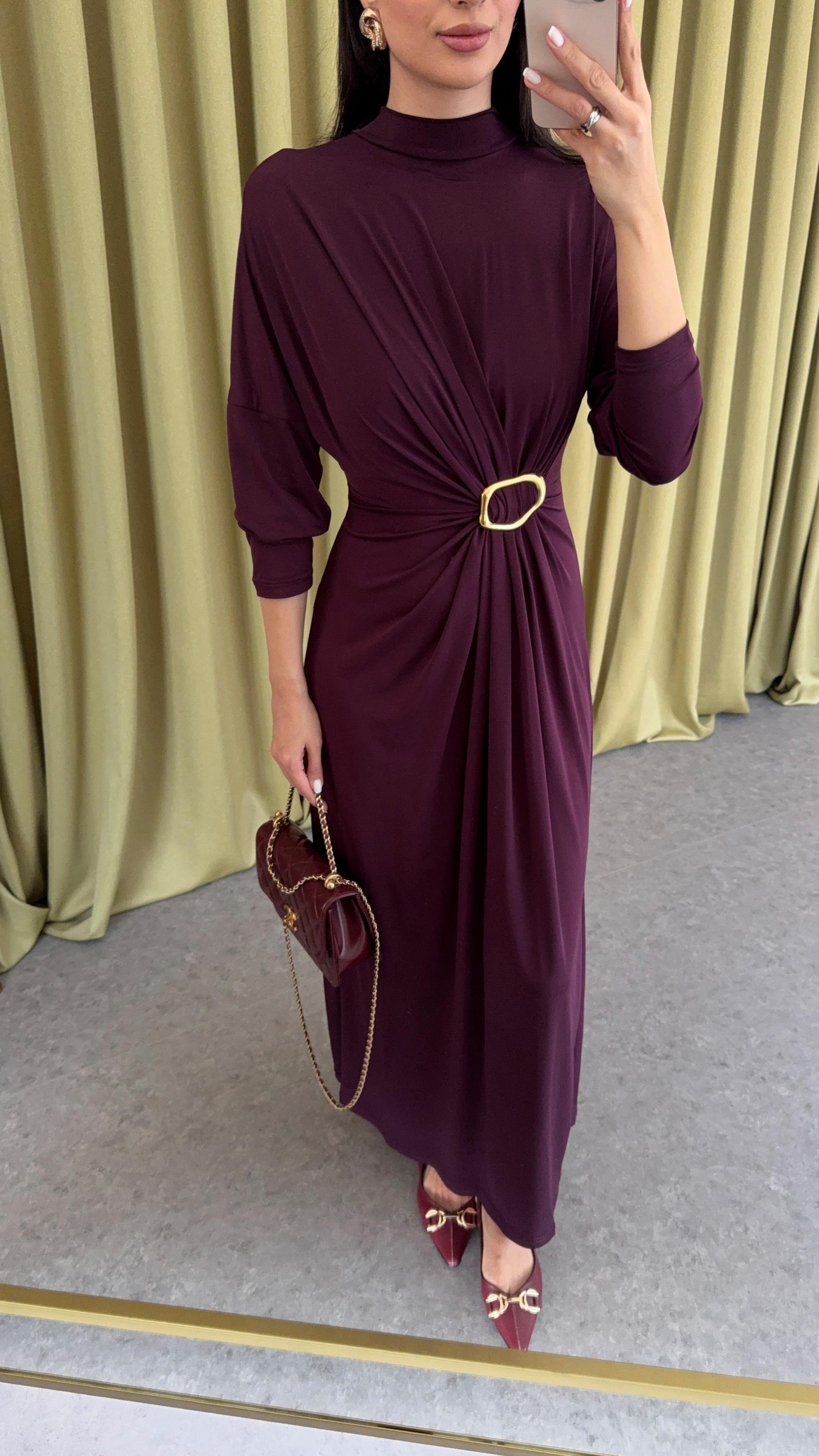 Gold Tokalı Mürdüm Elbise