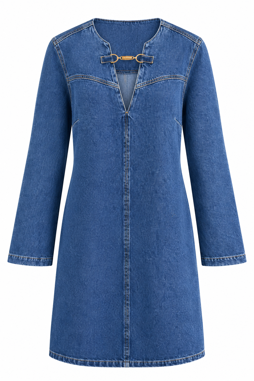 Gold Tokalı V Yaka Denim Elbise