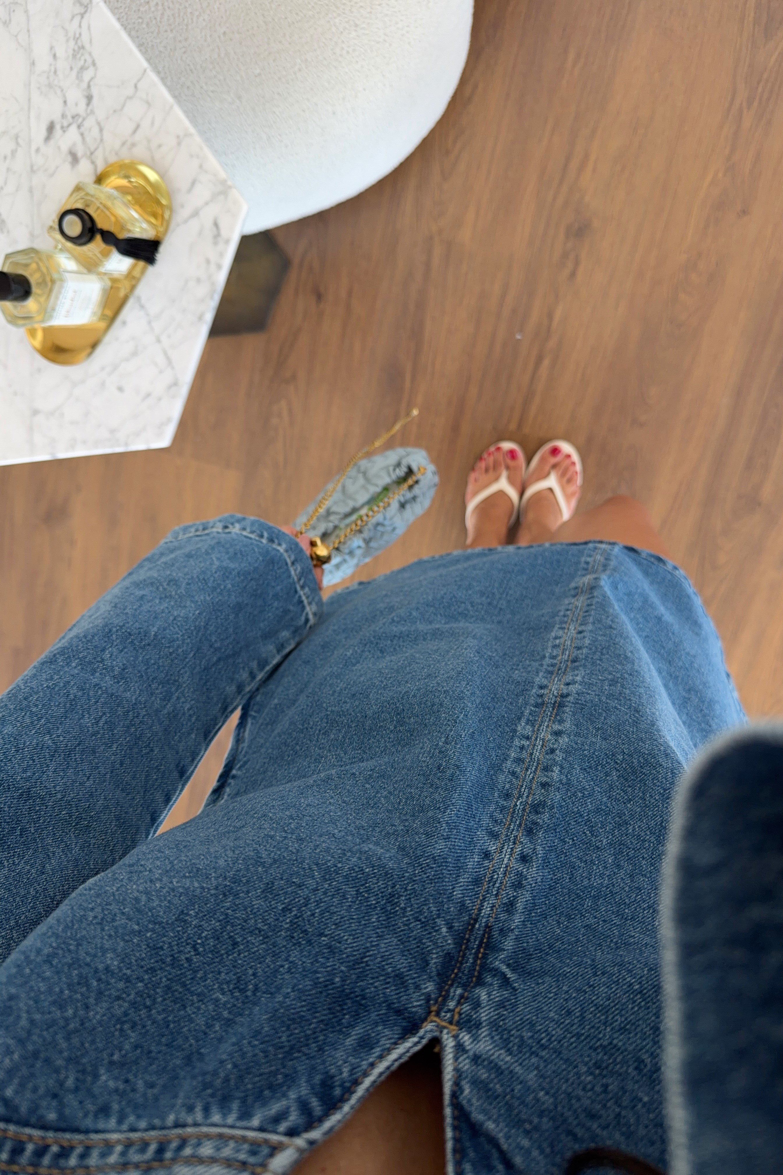 Gold Tokalı V Yaka Denim Elbise