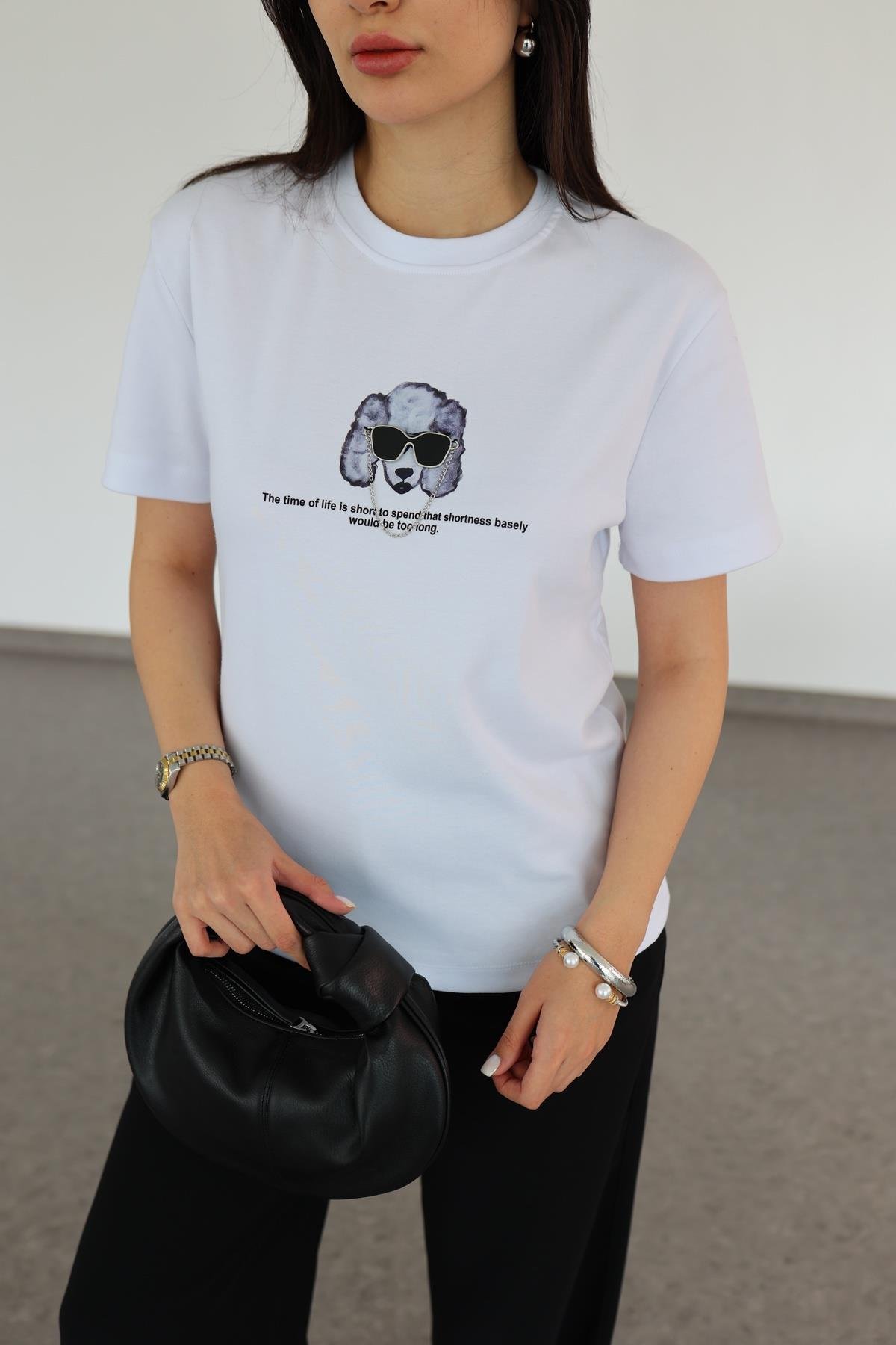 Gözlük Detaylı Beyaz Tshirt