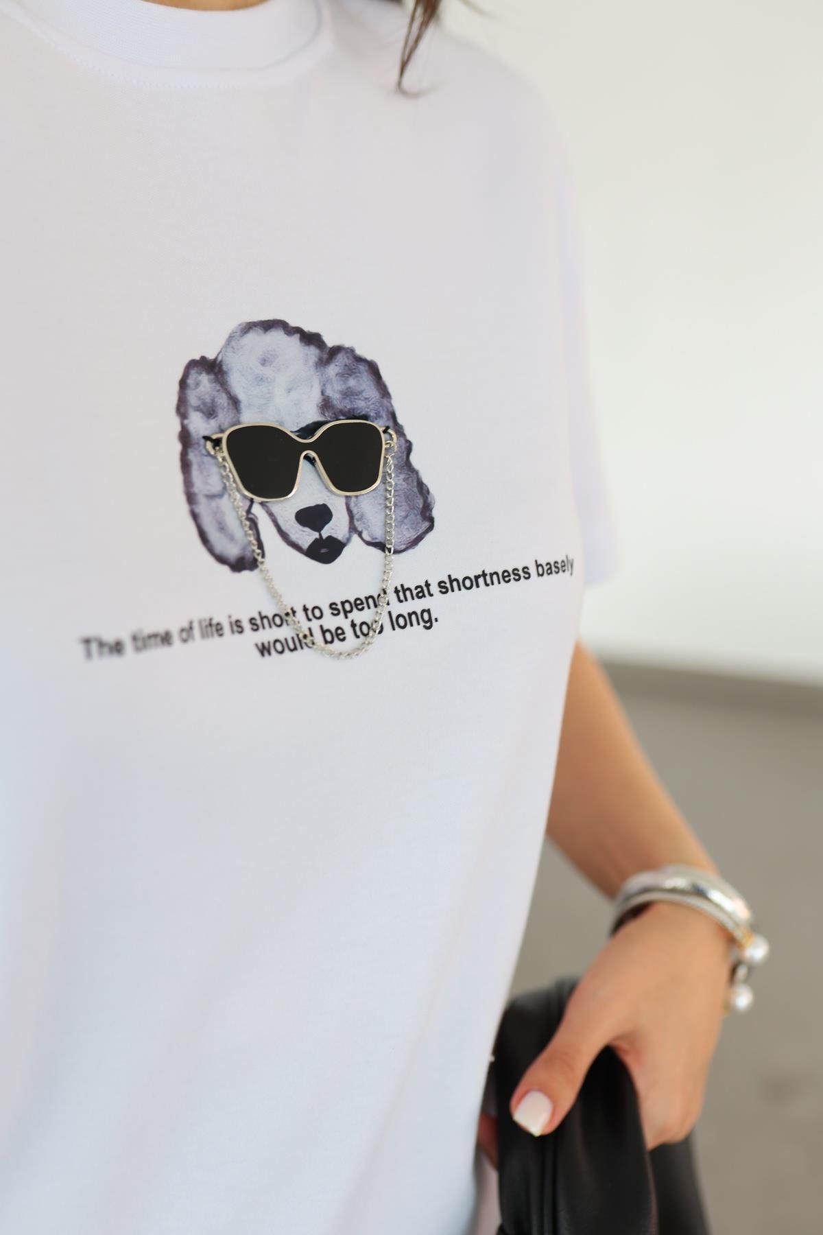 Gözlük Detaylı Beyaz Tshirt
