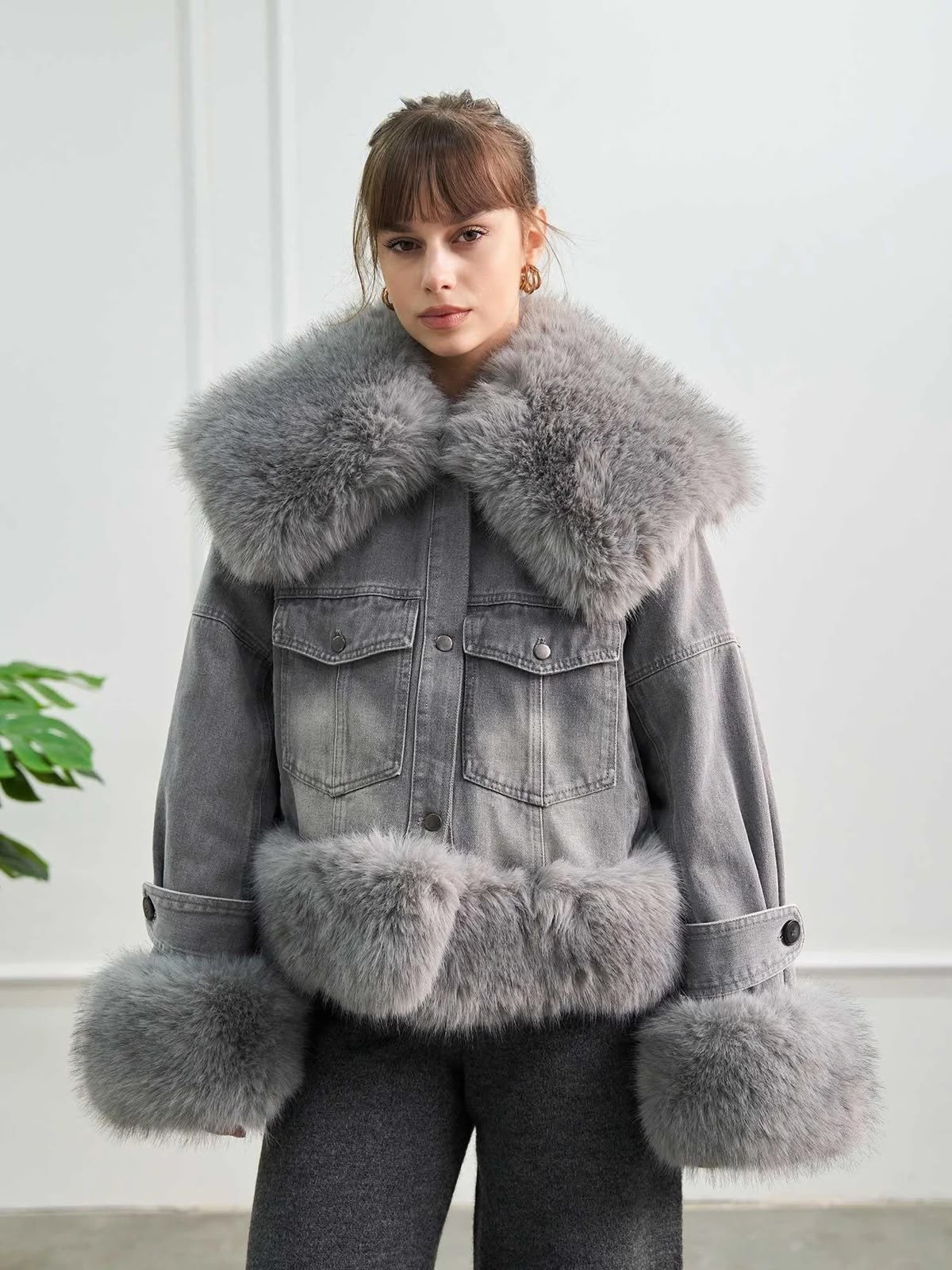 Gri İthal Kürk Yaka Denim Mont
