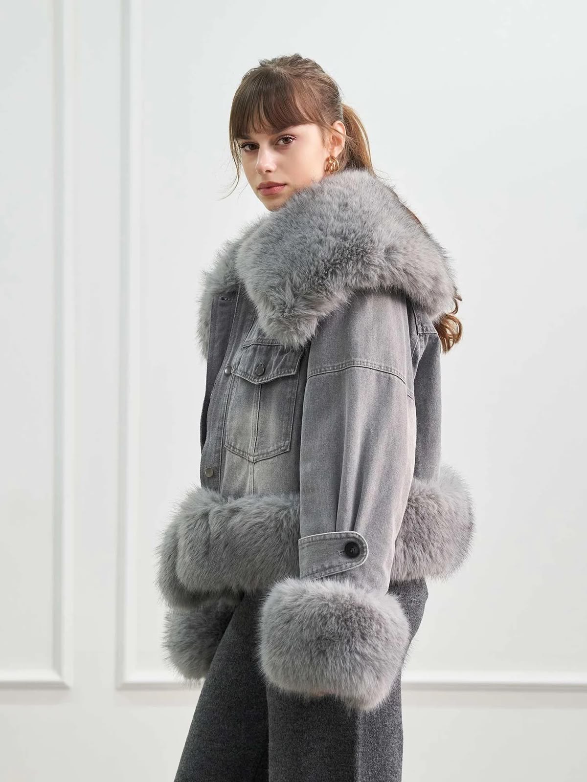 Gri İthal Kürk Yaka Denim Mont