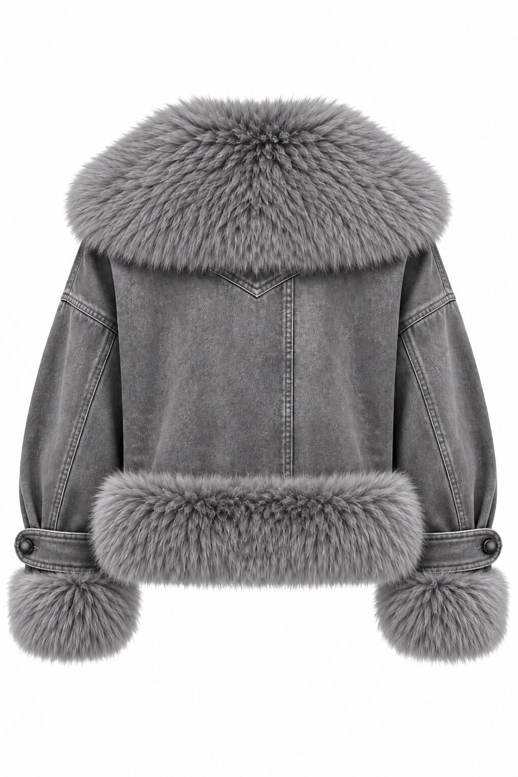 Gri İthal Kürk Yaka Denim Mont