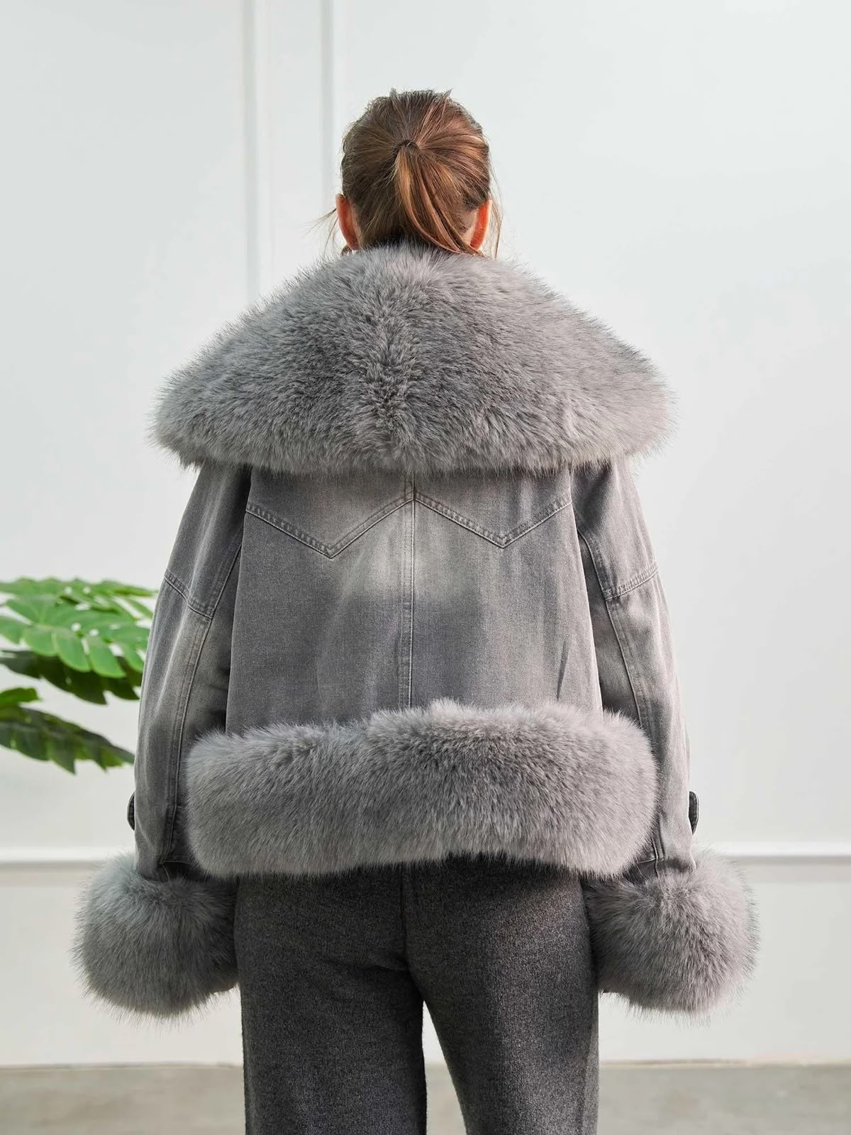 Gri İthal Kürk Yaka Denim Mont