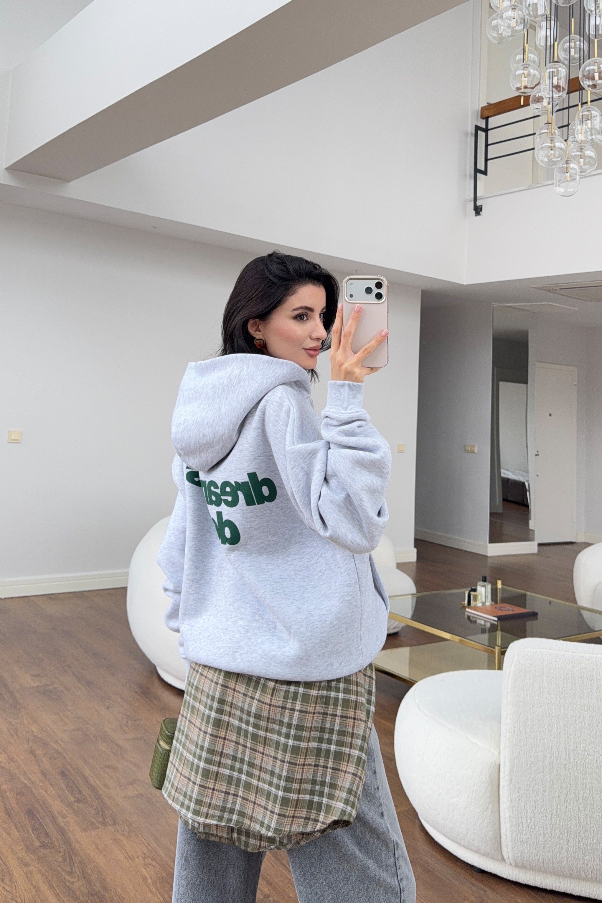 Gri Sırt Baskı Kapüşonlu Sweatshirt