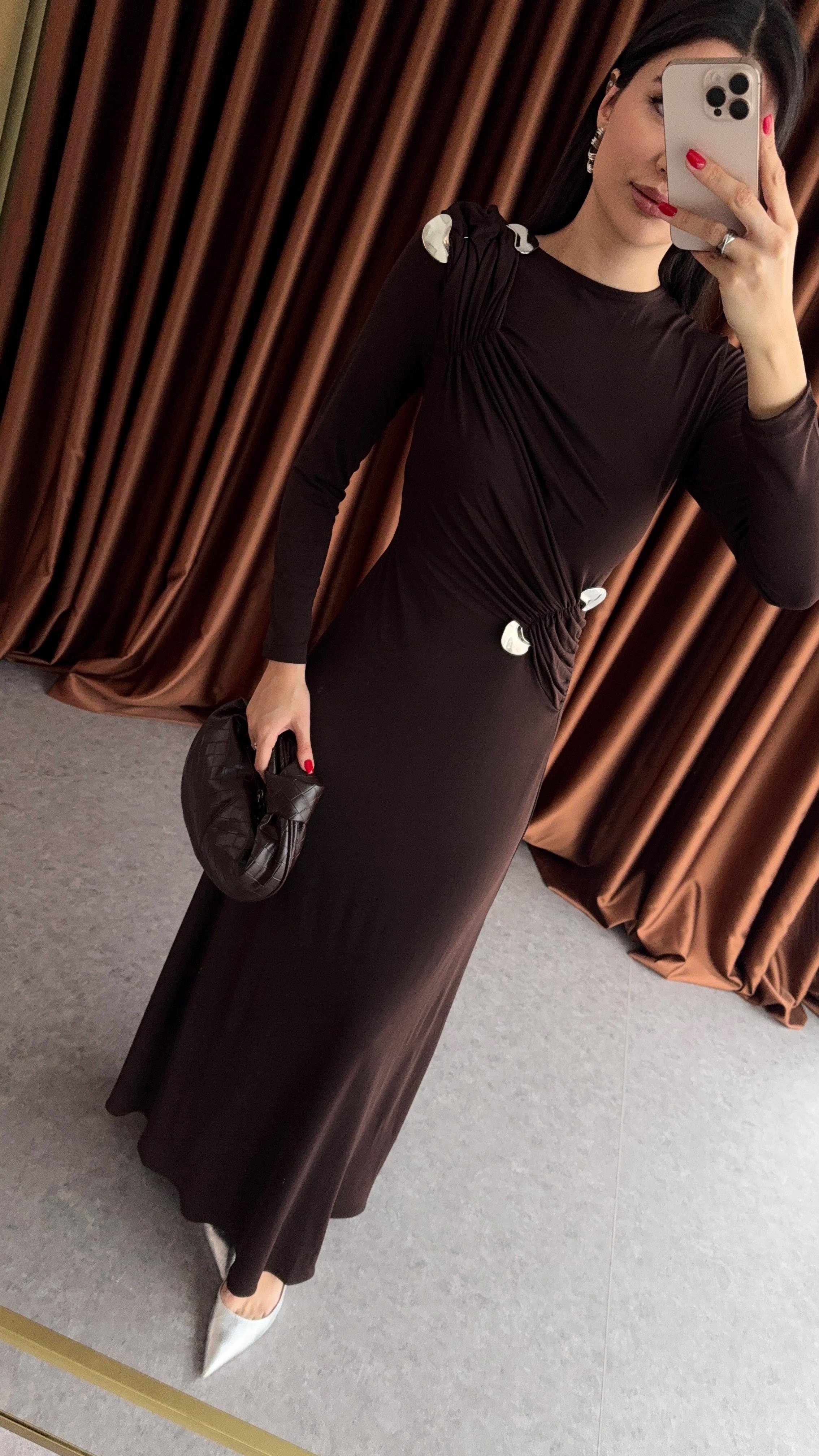 Gümüş Detaylı Acı Kahve Maxi Elbise