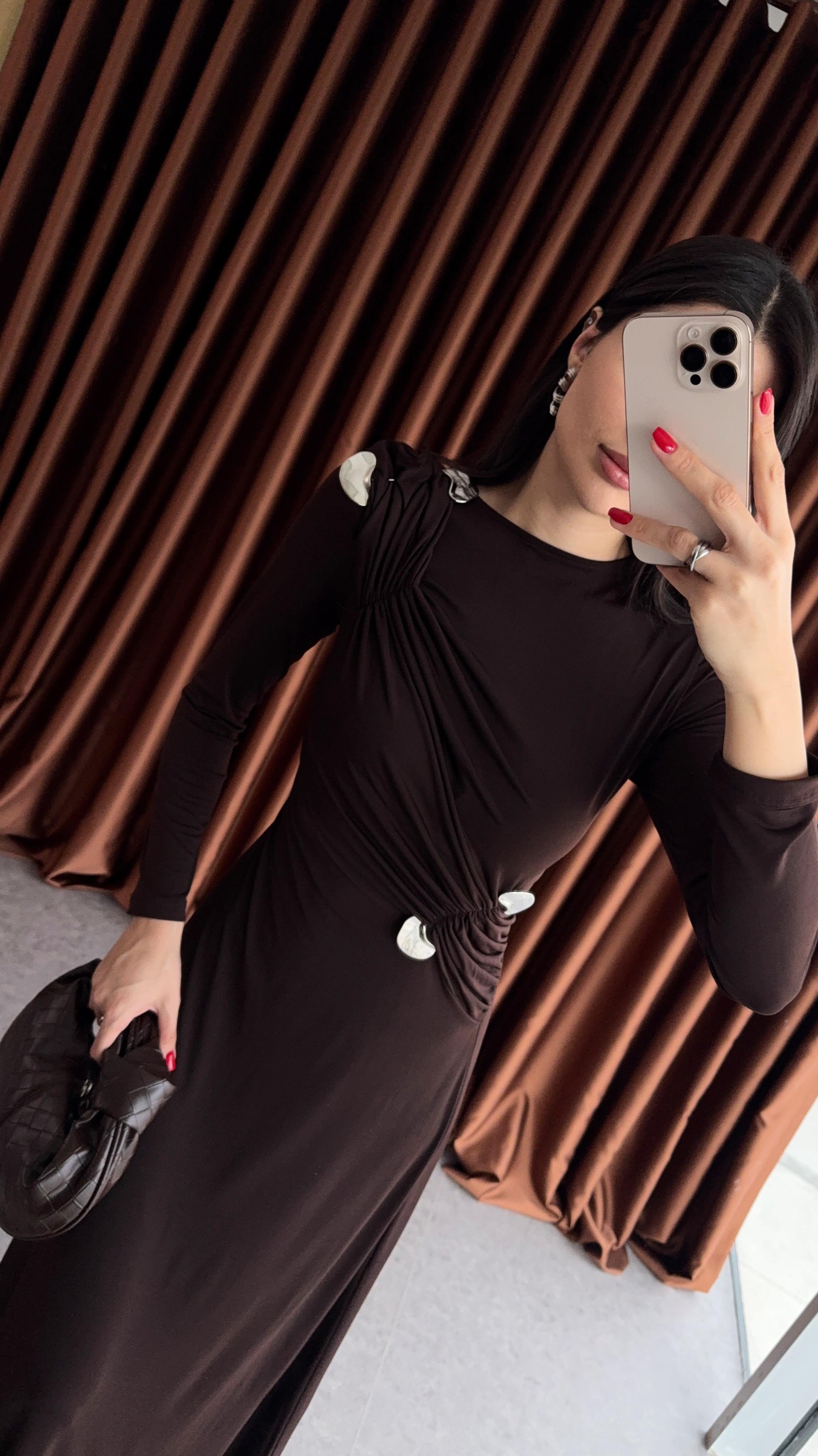 Gümüş Detaylı Acı Kahve Maxi Elbise
