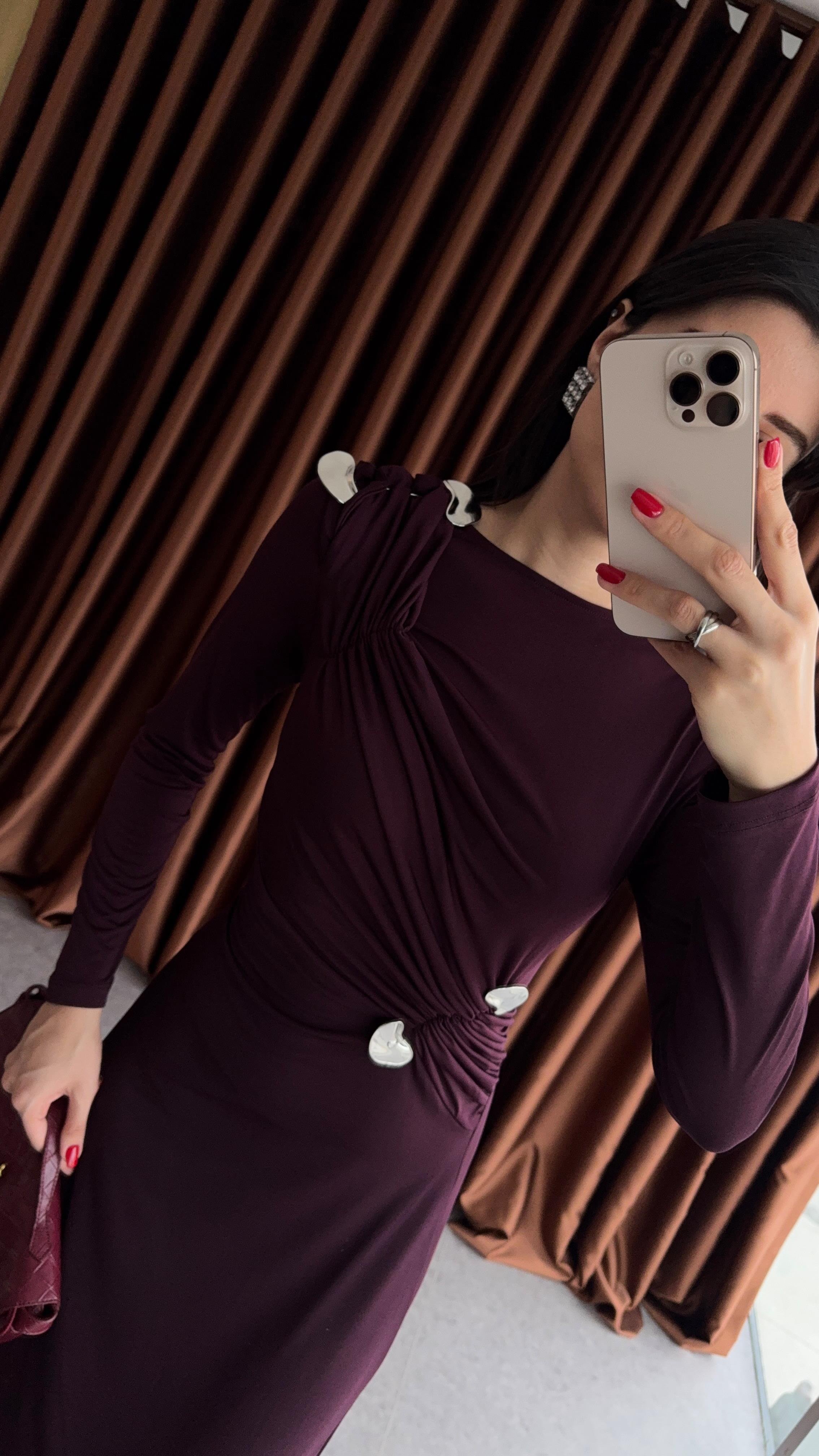 Gümüş Detaylı Bordo Maxi Elbise