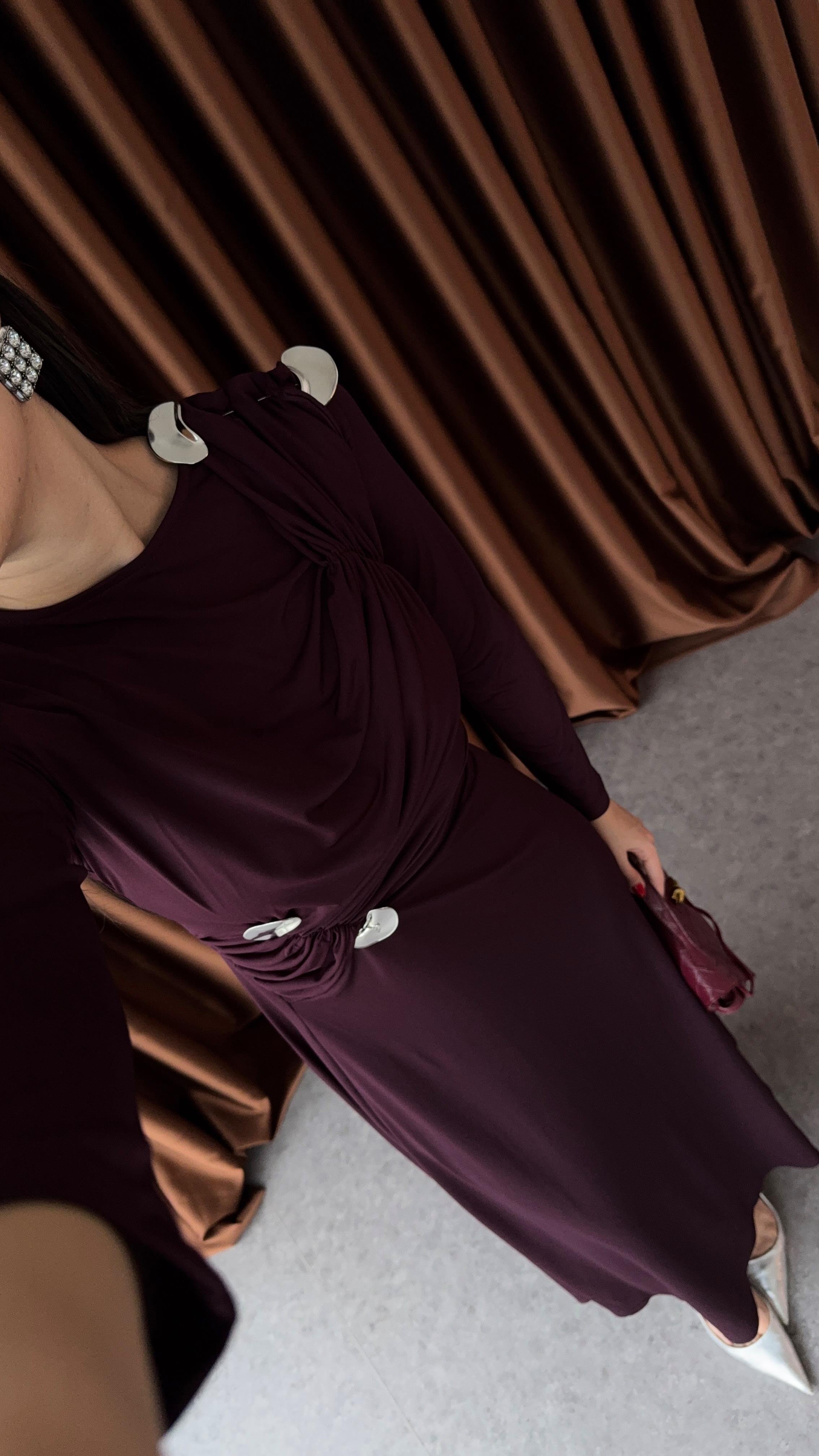 Gümüş Detaylı Bordo Maxi Elbise