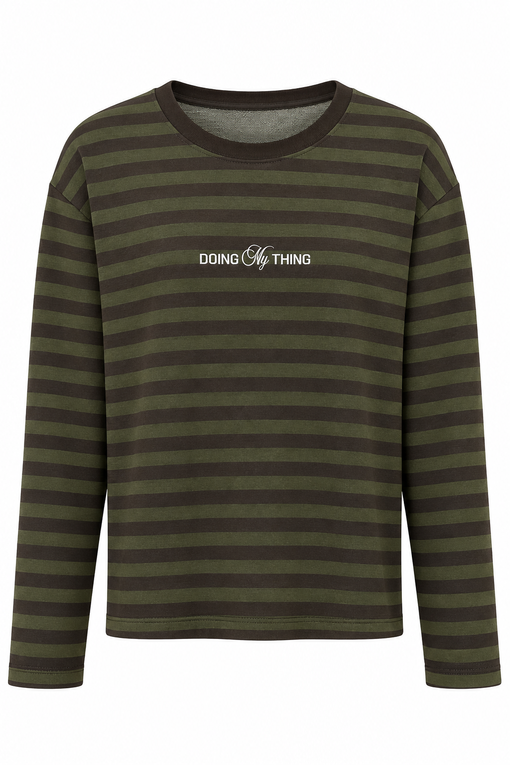 Haki Çizgili Nakışlı Sweatshirt
