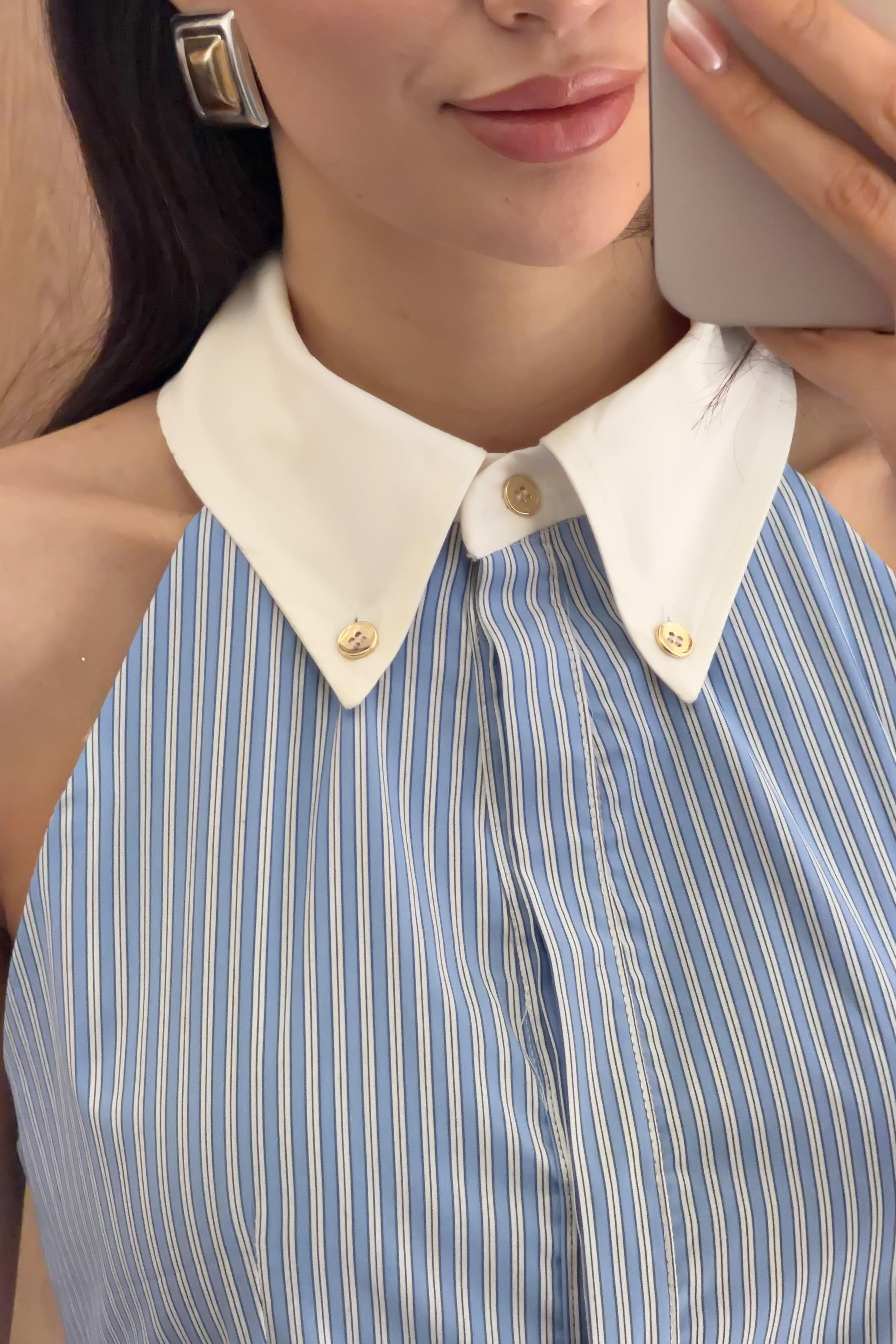 Halter Yaka Çizgili Mavi Elbise